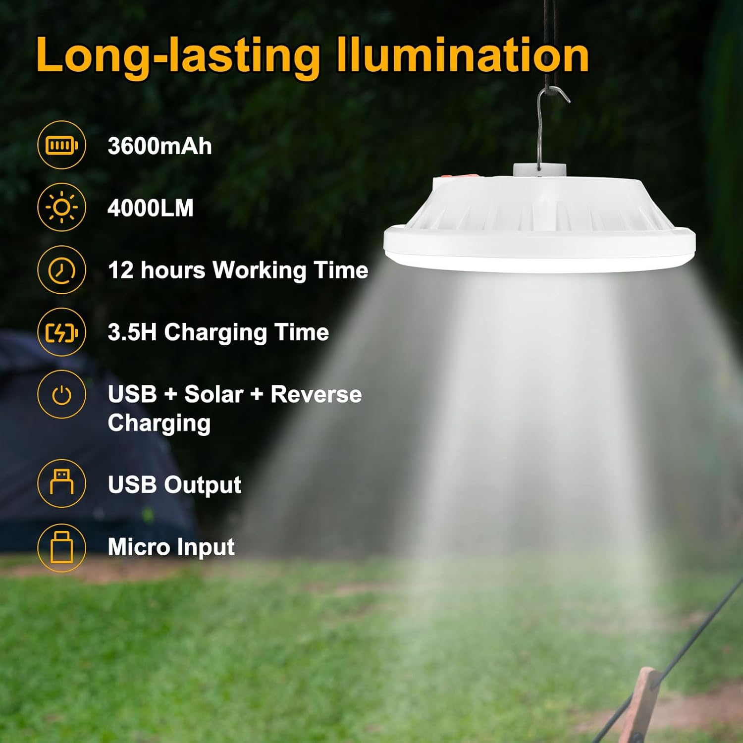 2-Pack Portable Rechargeable Camping Lights, Tent Lights LED Lantern Power Solar Battery Powered, 5 Lighting Modes, IP65 Waterproof Flashlight for Hiking/Emergency/Night - Image 4