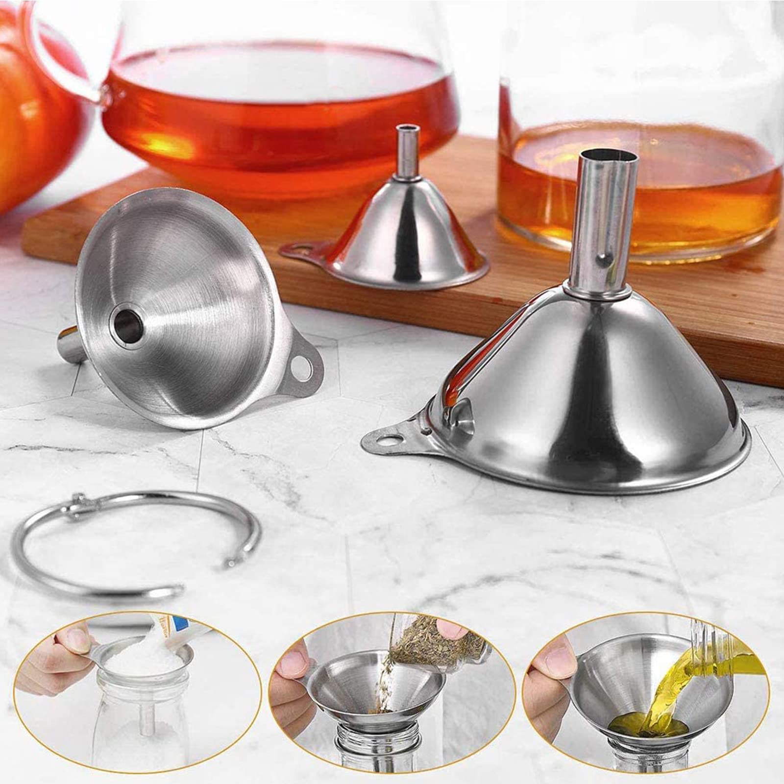 Newpop Entonnoirs Inox 3 Tailles + 2 Brosses - Pour Liquides, Vin, Confiture - Cuisine & Transfert Alimentaire