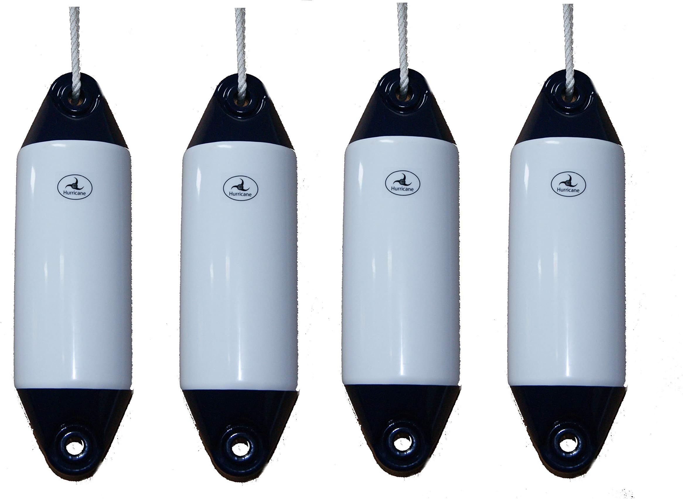 HURRICANE 4 x Boat Fenders: White/Blue 19" x 5" - FREE ROPE + INFLATED