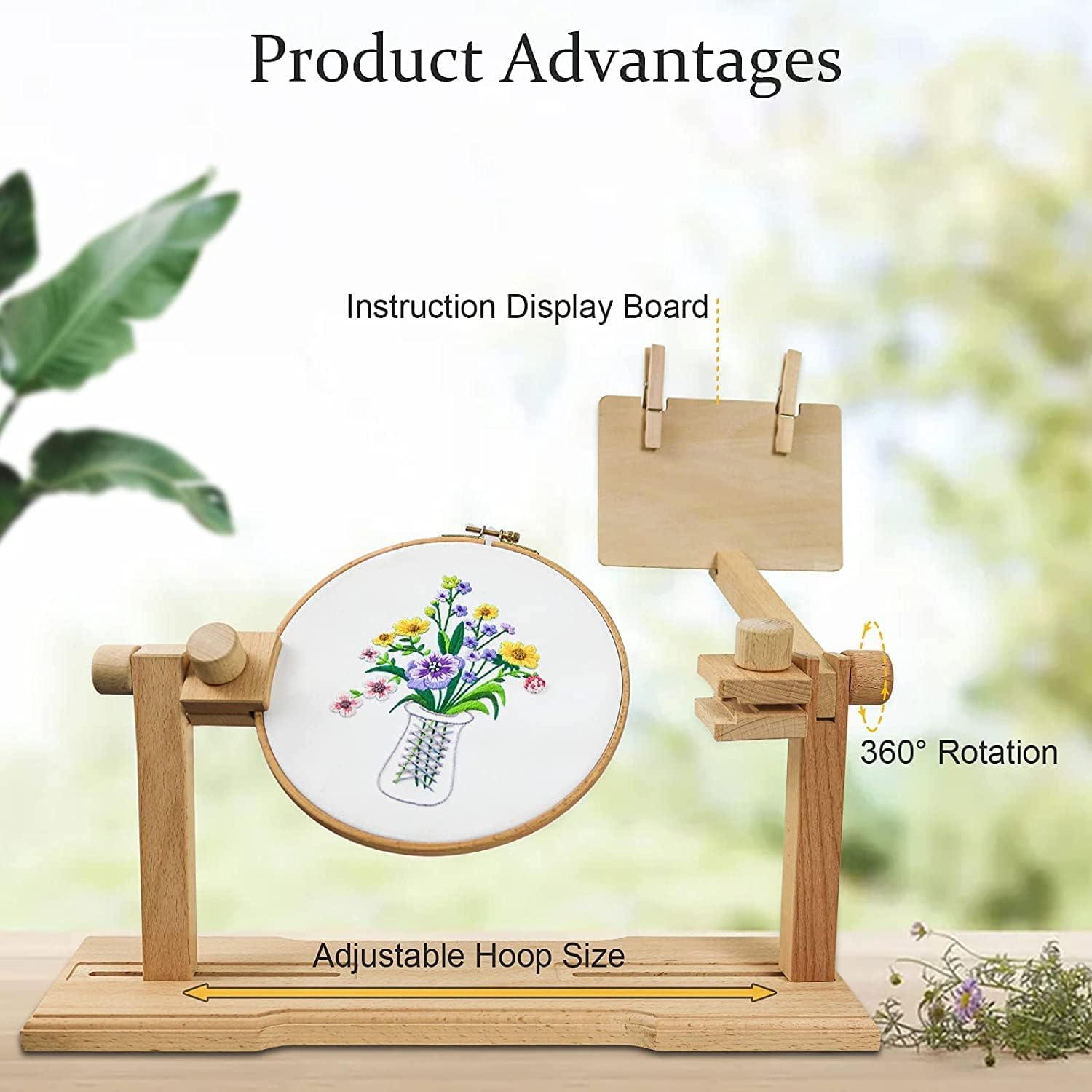 Adjustable Wooden Embroidery Hoop Stand with Pattern Board, Rotating Cross Stitch Frame Holder for 2 People, Tabletop Needlework Frame for DIY Craft & Sewing Projects