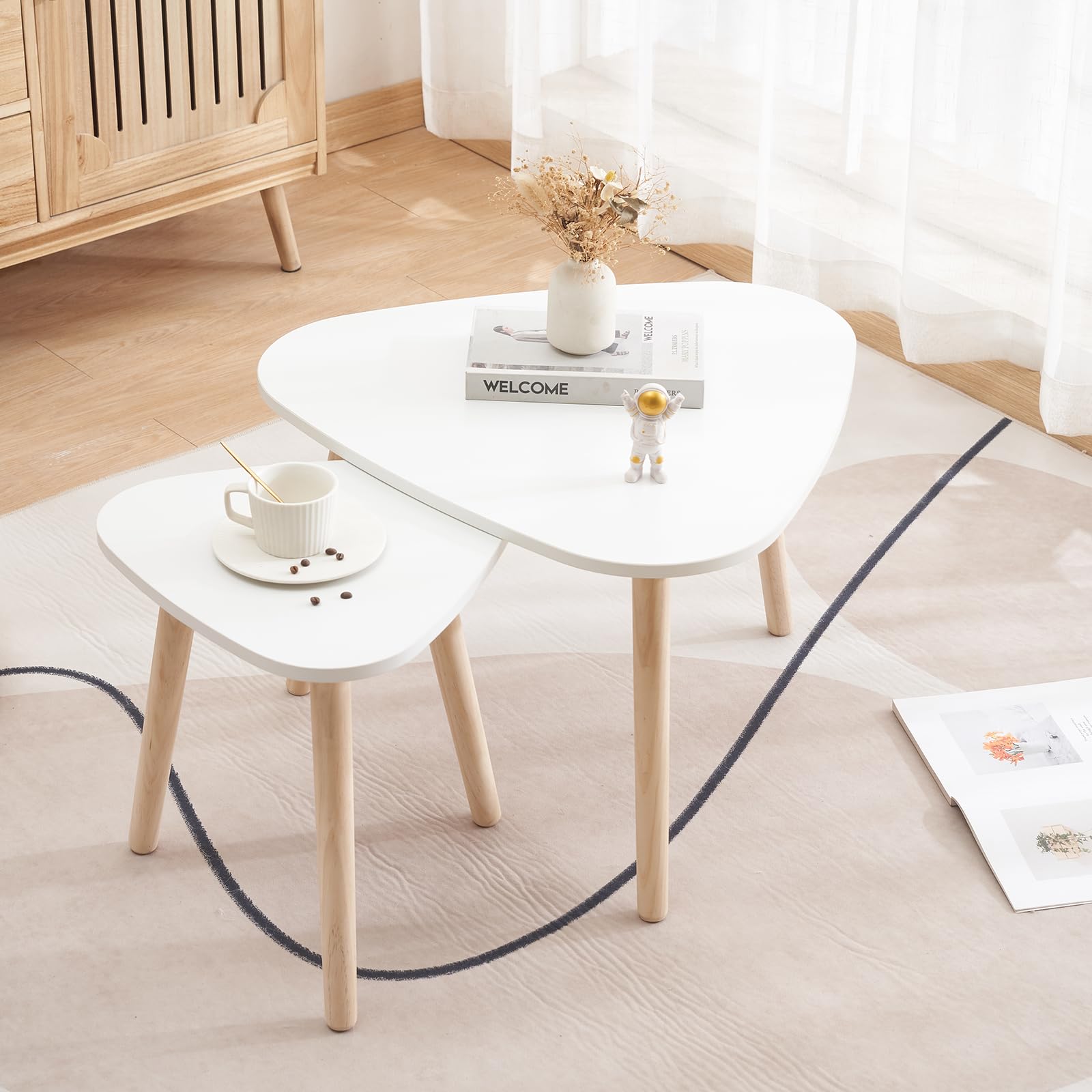 Tables Gigognes Table Basse Gigogne Table d'Appoint Scandinave-Lot de 2 Tables Basses Gigognes Rondes Bicolore, Bois d'ingénierie- pour Salon Chambre Pieds Moderne en Bois-55*55*45&40*40*40cm