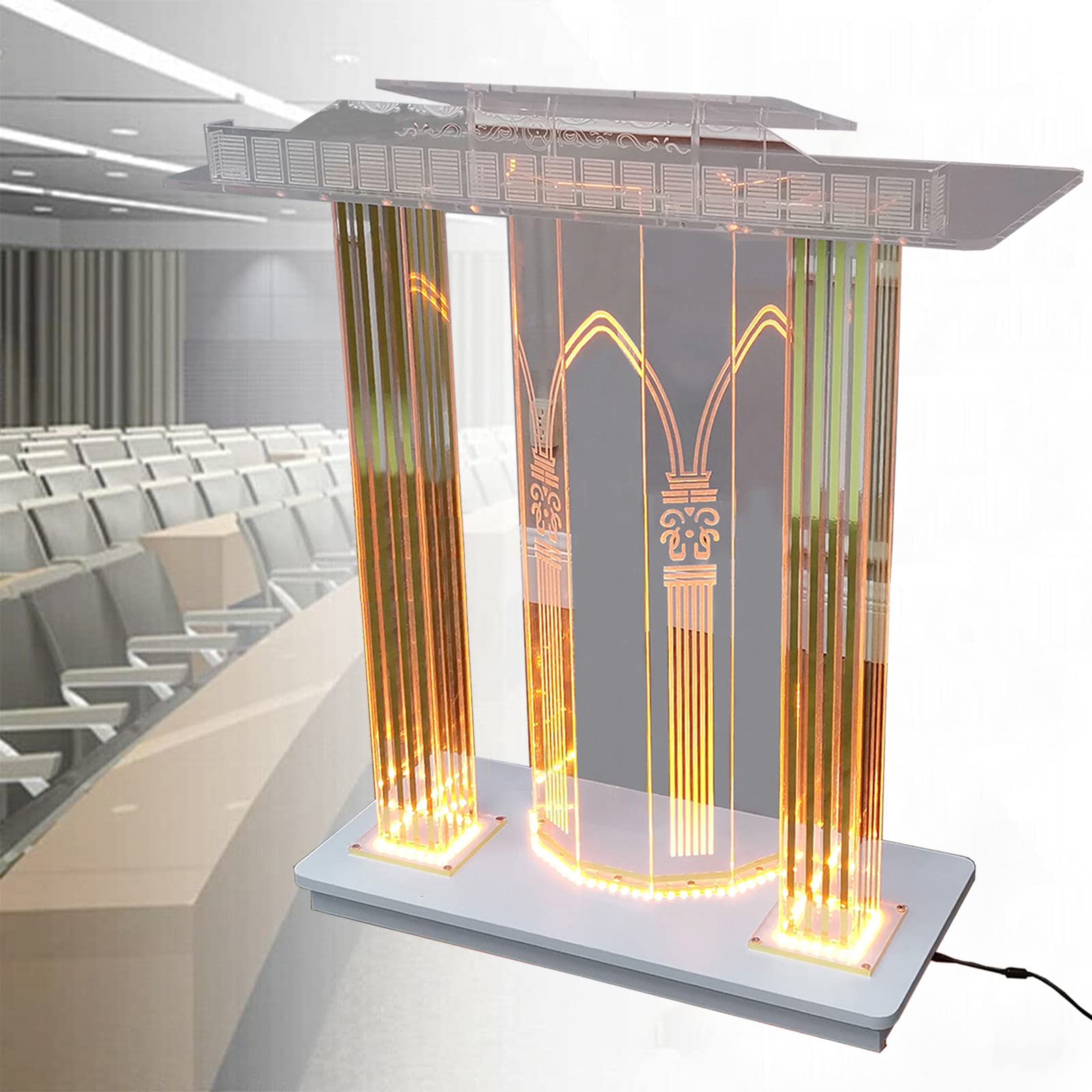 BTZHY Lectern Podium Stand, Gold Luxury Church Podium (Led Light), Floor Standing Rolling Pulpit With Mobile Casters, Elevated Reading Podium, Transparent, Durable (1)