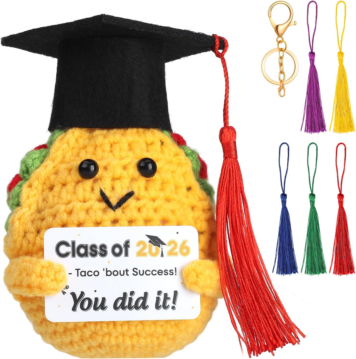 Thboxes Funny Graduation Gifts 2026, Graduation Cards Positive Handmade Crochet Taco with Keychain, Cute Grad Gifts with Grad Card, 2026 Celebrations Parties, College, High School,5 Colors Tassels