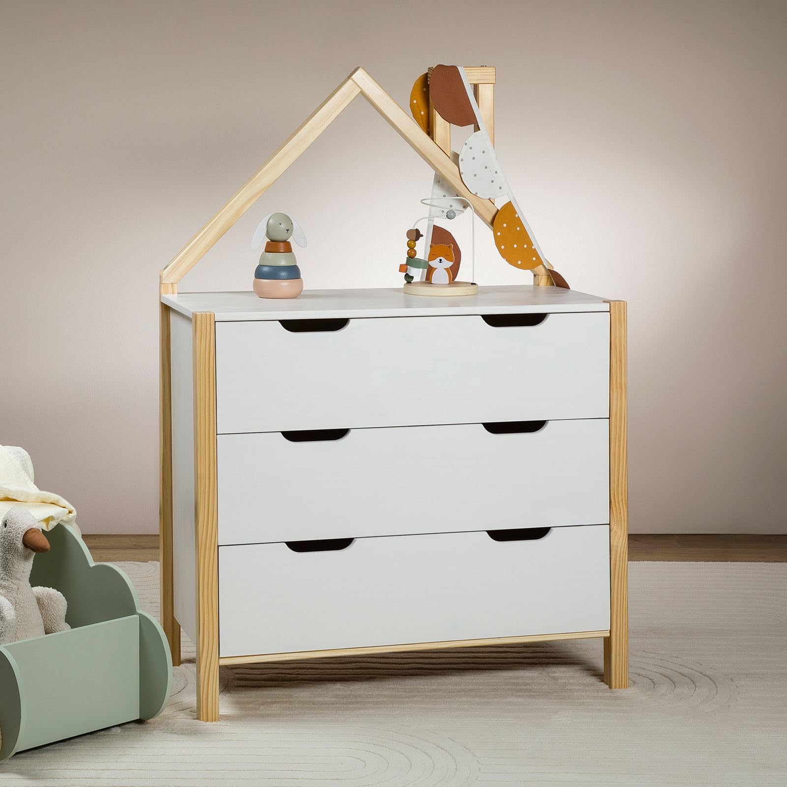 IDIMEX Cassettiera ELANO a forma di casa – bianco in legno di pino massiccio, 3 cassetti grandi, per cameretta dei bambini, armadio, cassettiera