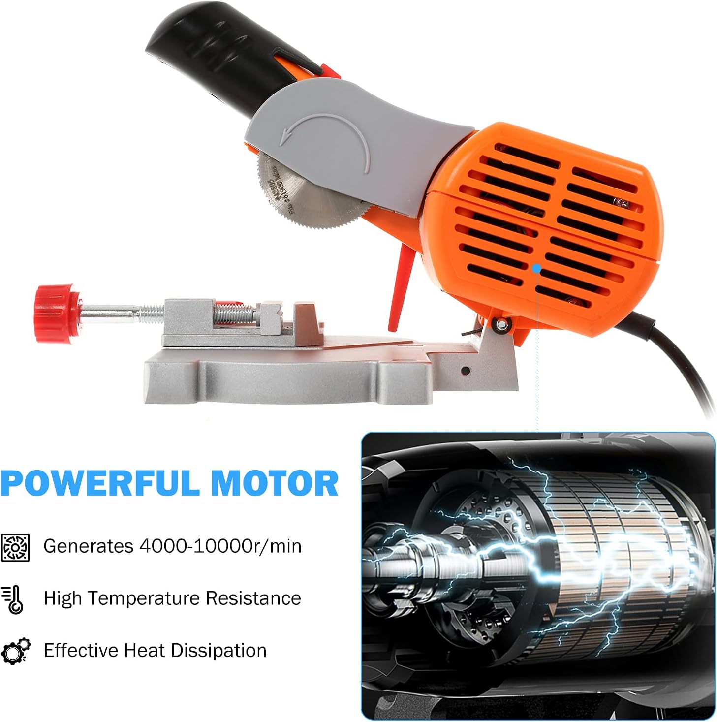 Review Product Mini Miter Saw Electric Power Table Saw Benchtop Cut-Off Chop Saw Max 45 Degree Cutting for Metal Wood Working Crafts Miniatures Plastic Compound Cutter, Orange