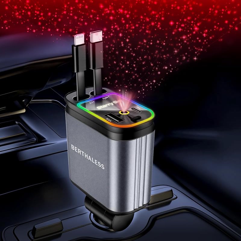 Retractable Car Charger, 4-in-1 Fast Charger with USB-C & USB-A | Red Starry Sky Light,Car Charger Adapter,Compatible with iPhone 17/16/15/14/13/12/11,Galaxy,Pixel, Gifts for Men,Women