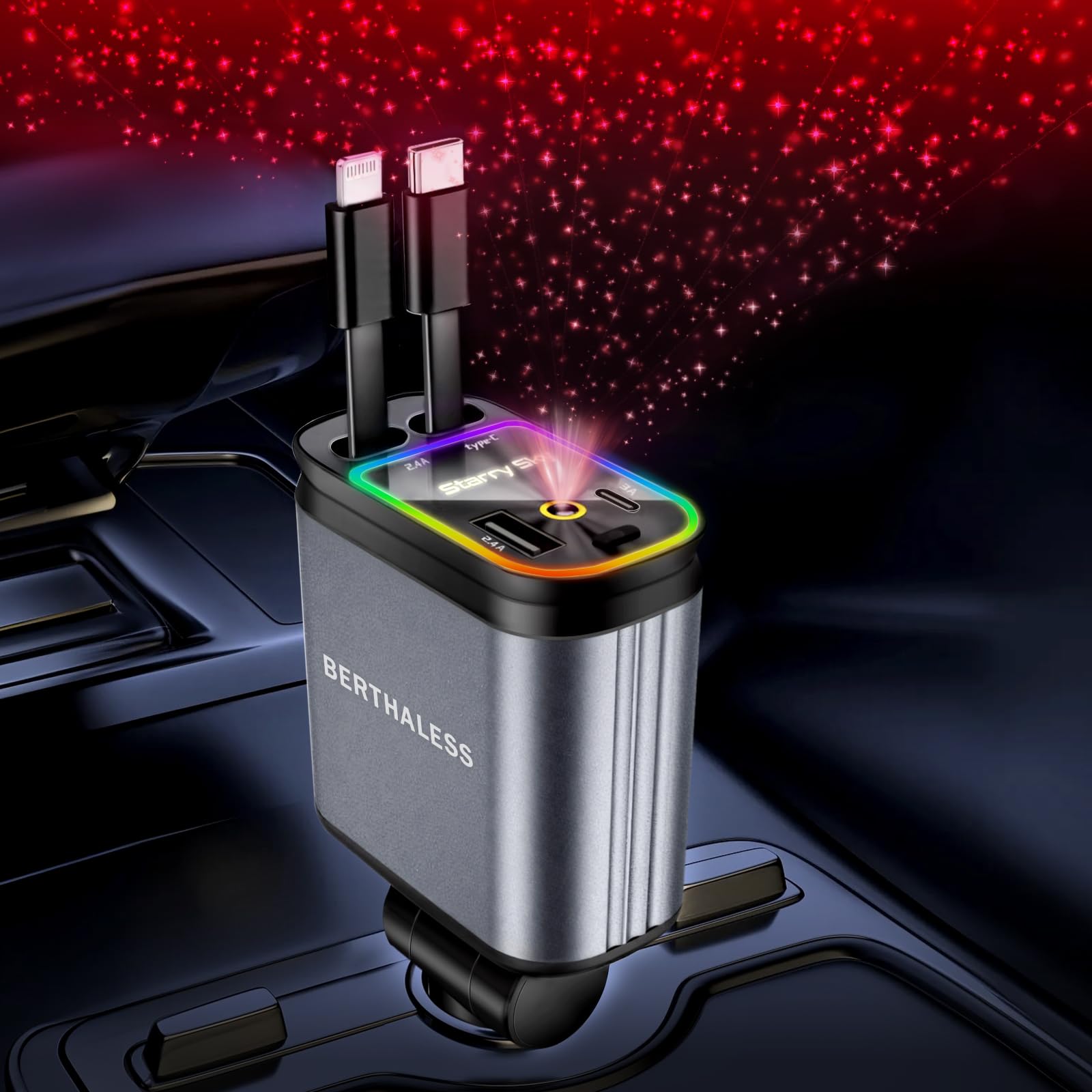Caricabatteria da auto retrattile con Starlight, 4 in 1 Caricabatteria da auto con luce ambientale a soffitto per iPhone 15/14/13/12/11 e Android
