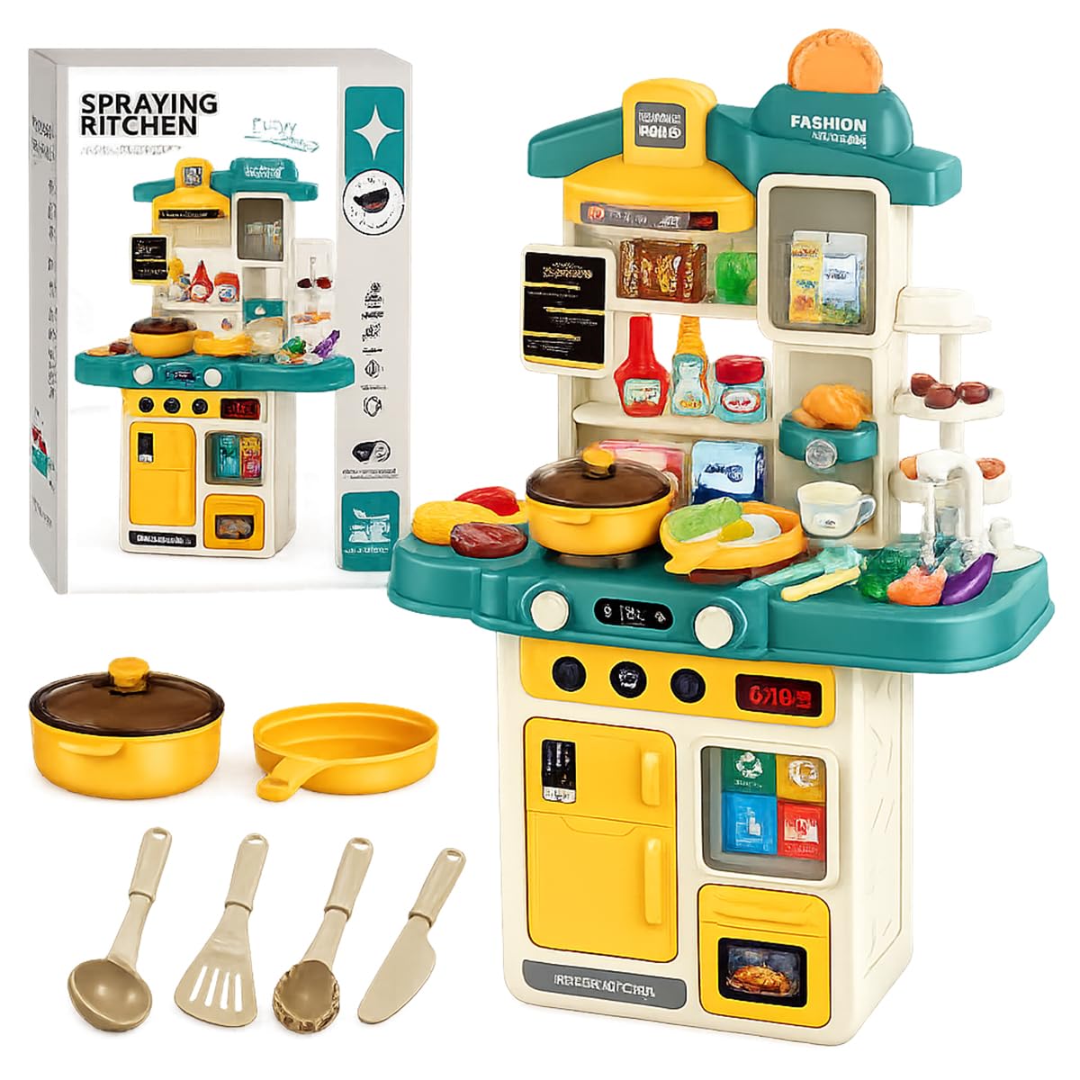 Toyana Play Kitchen Set for Kids - 44 PCs Realistic Mini Kitchen & Utensils Accessories with Running Water Play Sink, Interactive Cooking Role Play Gift Toy for Children 3+ Years