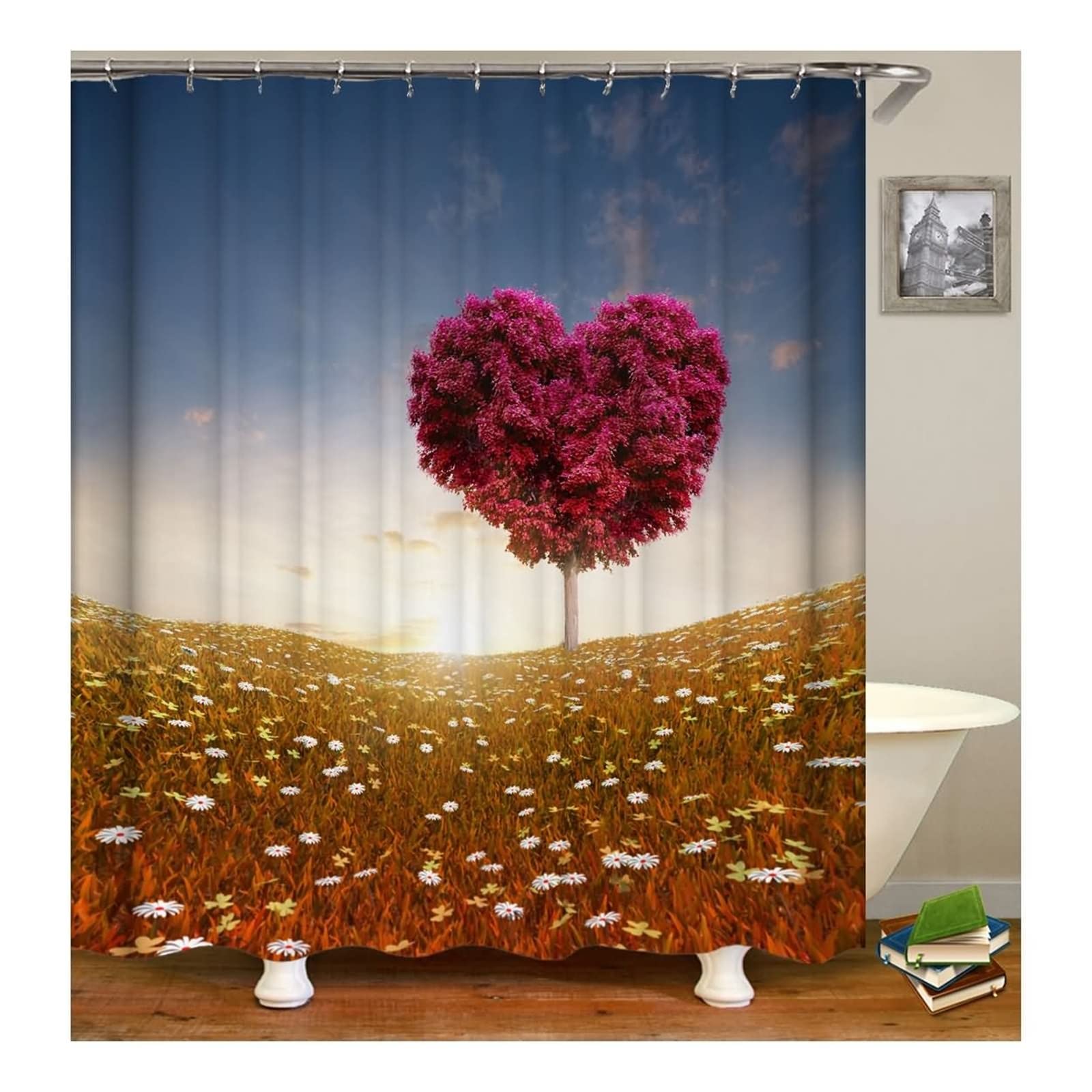 Tenda Da Doccia Antimuffa, Poliestere Multicolore Paesaggio romantico dell'albero a forma di cuore Tenda doccia per bagno vasca da bagno, 165X180cm