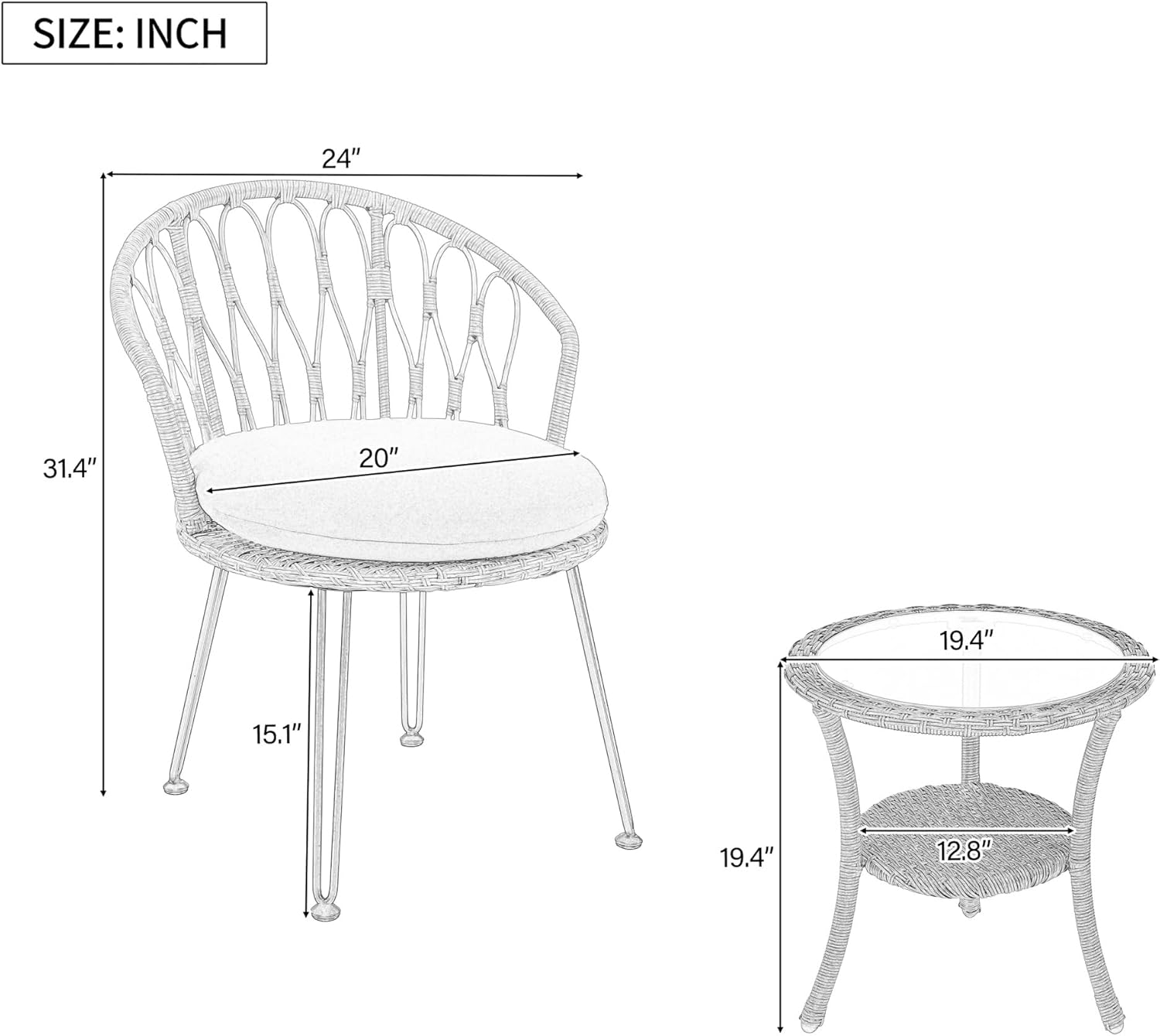Outdoor Leisure Set, 2 Rattan Single Chairs with A Glass Round Table, Perfectly Suited for Patios, Balconies, and Courtyards(Dark Blue)