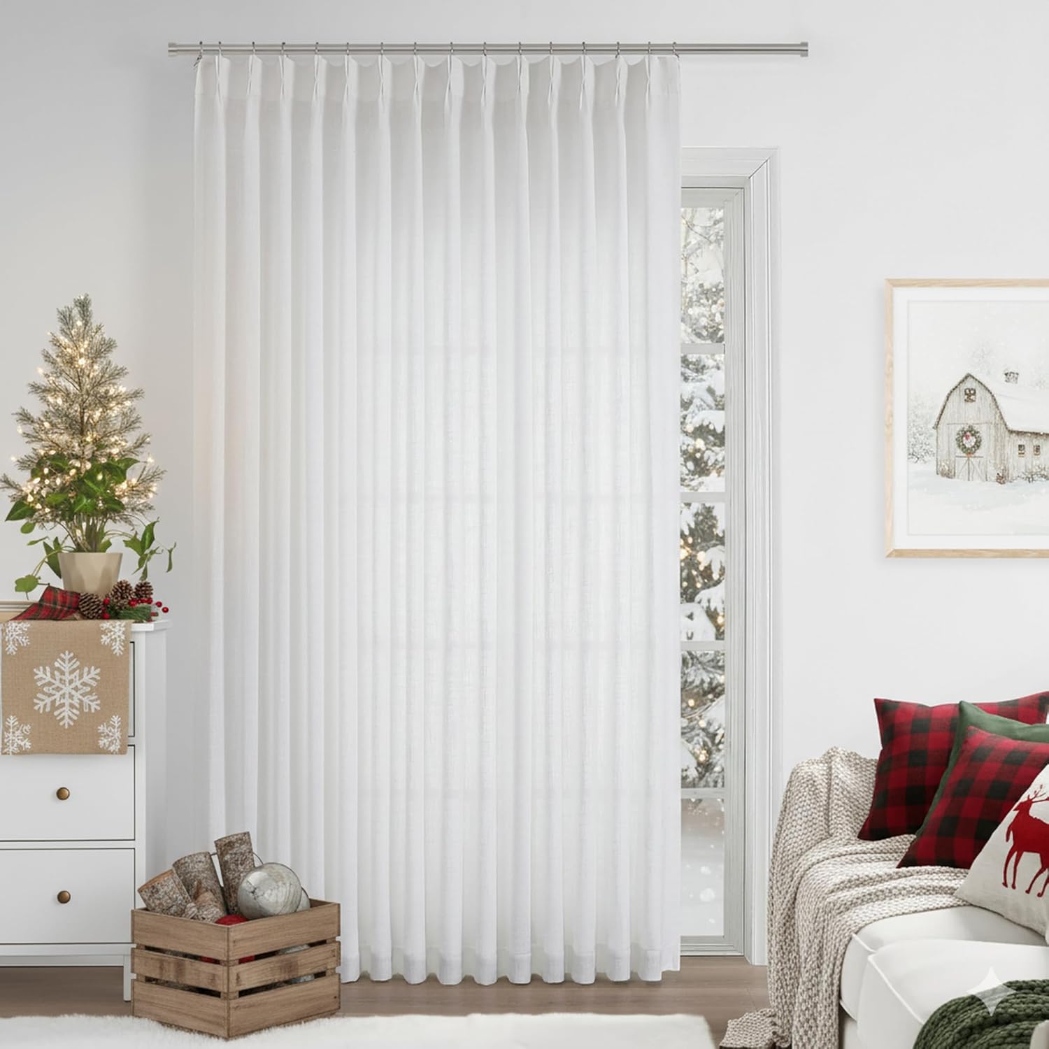 Vision Home White Pinch Pleated Semi Sheer Curtains Textured Light Filtering Window Curtains 90 inch for Living Room Bedroom Patio Rayon Blended Pinch Pleat Drapes with Hooks 1 Panel 80" Wx90 L