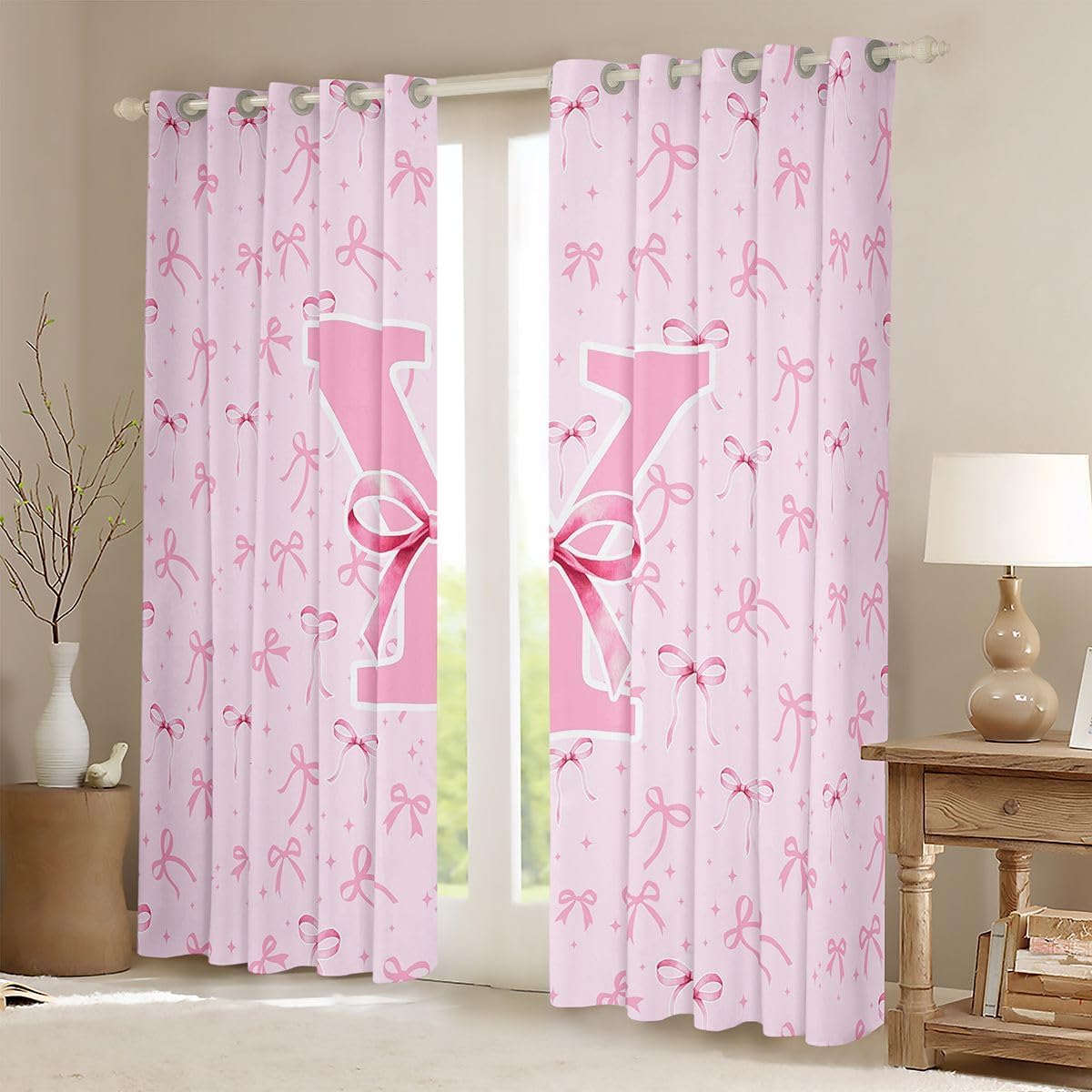 Feelyou Cute Pink Bow Curtains for Bedroom Living Room Monogrammed Blackout Shades Personalized Initial Y Room Darkening Curtain Kawaii Coquette Bowknot Window Treatments, 2 Panels 38 x 45 Inch Decor image 2