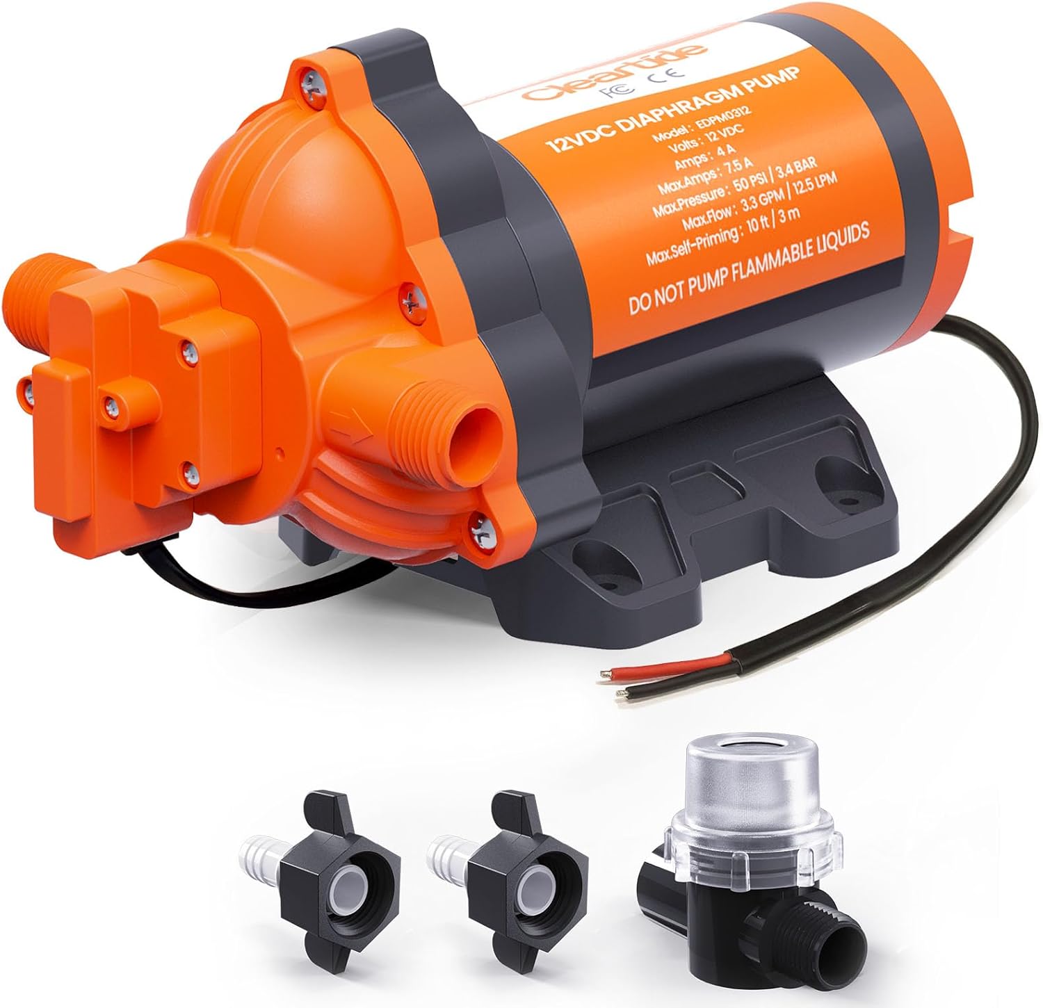 Cleartide DC Diaphragm Water Pump, 12V, 3.3 GPM, 50 PSI, Self-Priming 10FT, Self-Diagnosis & Dry-Run Protection, Built-In Pressure Switch, Water Pressure Booster Pump for RV/Camper/Marine/Outdoor