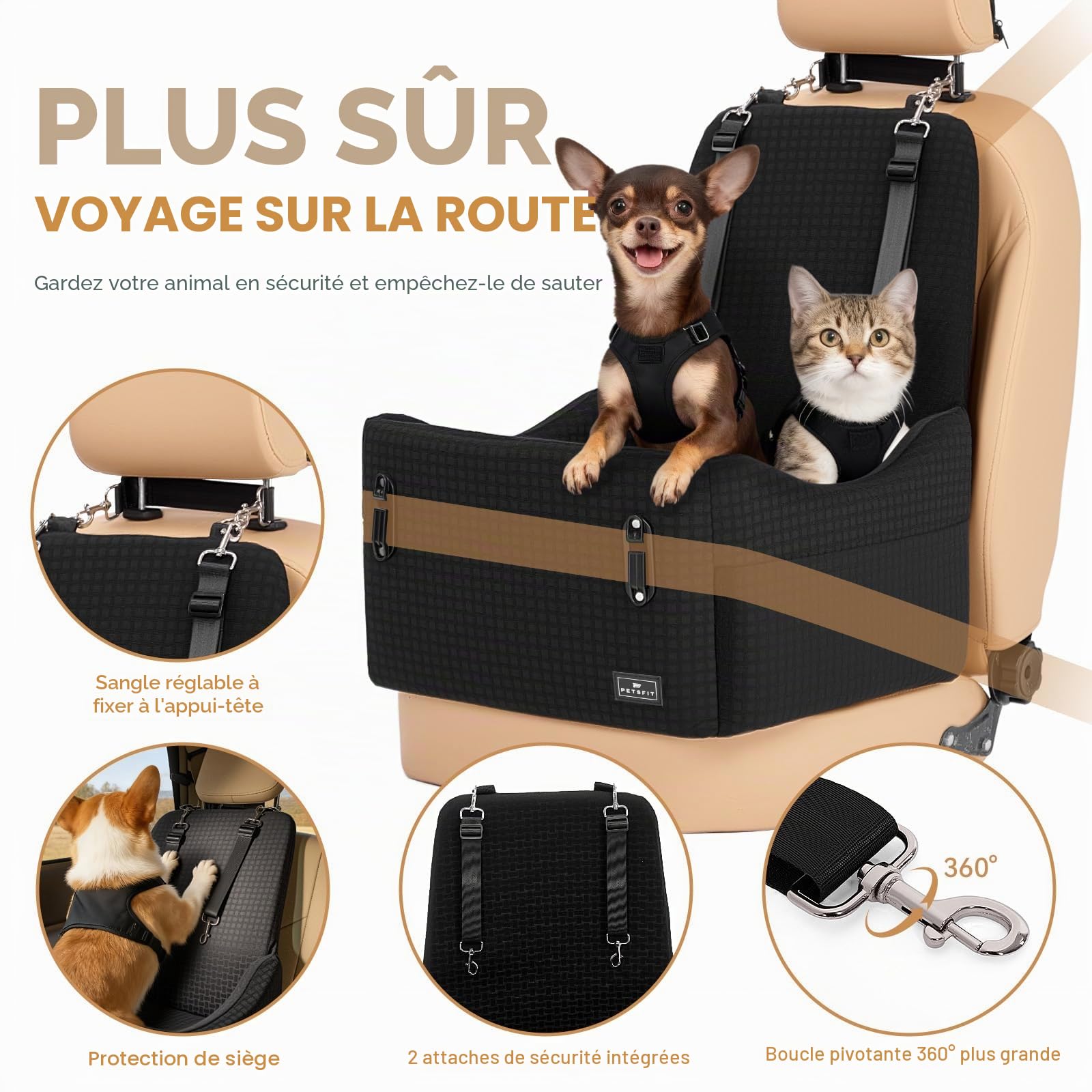 PETSFIT Siège Auto pour Chien, pour Chiens Petits/Moyens jusqu'à 15kg – Système de Sécurité Breveté, Coussin Mémoire de Forme 13cm, Housse Lavable, Coussin Double Face, Idéal pour Voyage– Noir & Gris