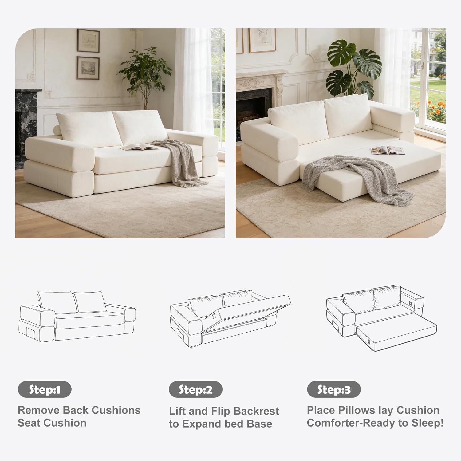 74 Inch Boneless Couch,3-in-1 Folding Convertible Sofa Bed with Reversible Chaise,Oversized Corduroy Upholstered,Linen Upholstered Loveseat with Two Throw Pillows for Living Room Bedroom (White)