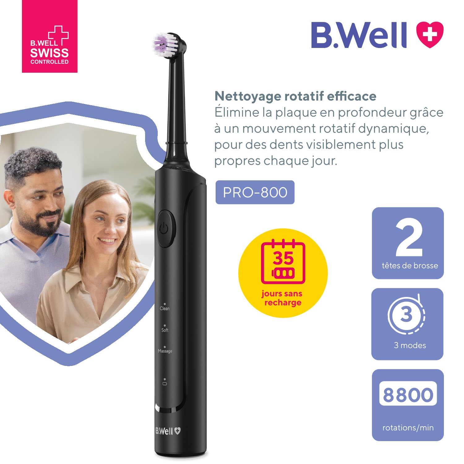 Brosse à Dents Rotative B.Well PRO-800 | 3 Modes & Autonomie 35 Jours | Qualité suisse, minuteur 2 minutes avec intervalle 30s, charge par induction & 2 brossettes, Noire