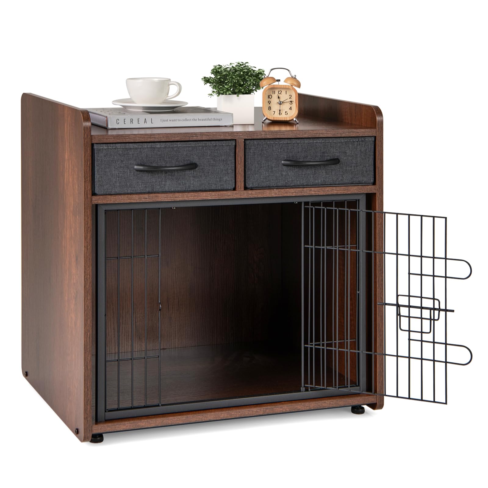 COSTWAY Wooden Dog Cage, Dog Drawers Furniture Style with 2 Fabric Drawers, Door with Lock, Pet House for Small and Medium Dogs, Side Table, 62 x 49.5 x 63 cm