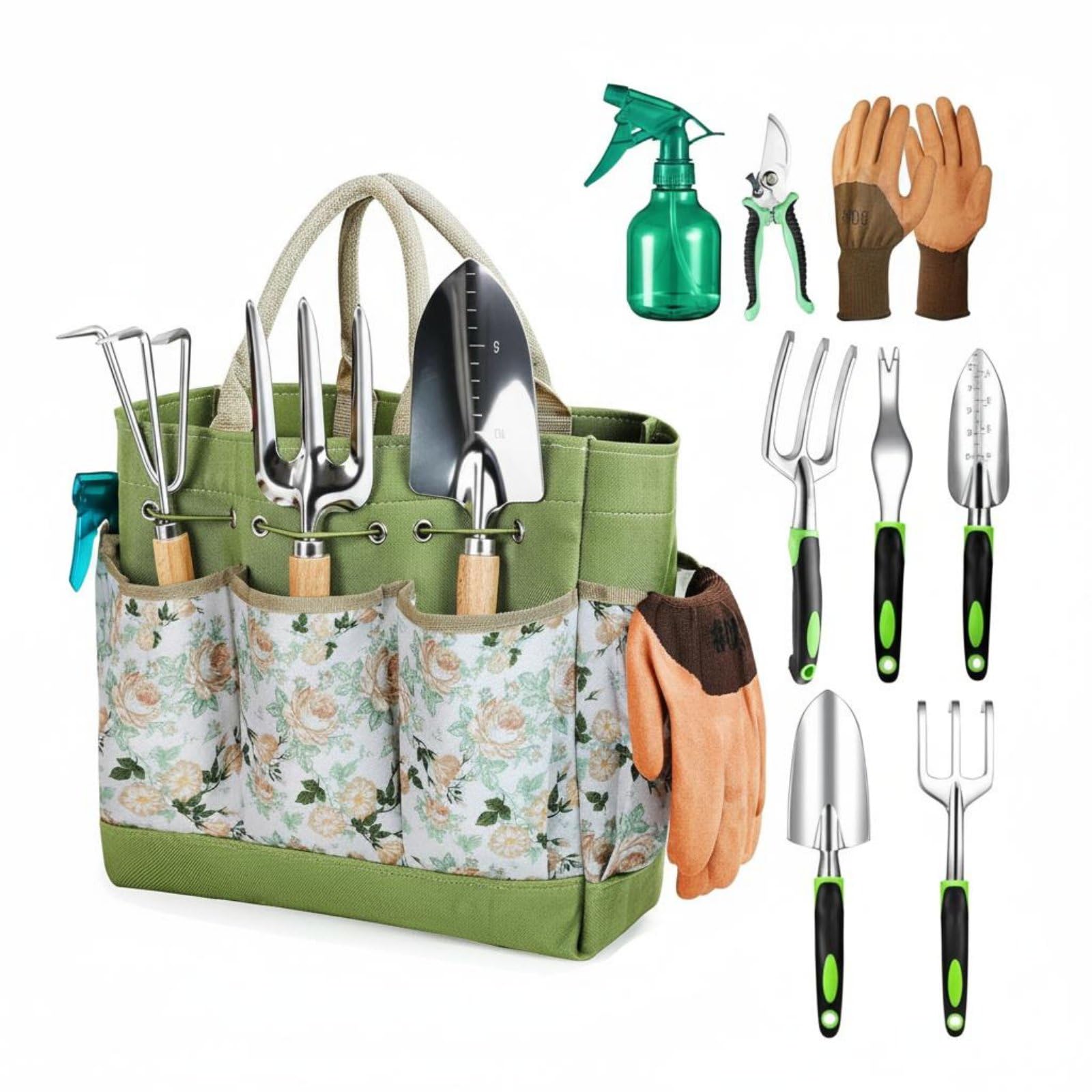 9 Piezas Juego de Herramientas de Jardín Acero Inoxidable Conjunto Utensilios Jardín Resistente Kit Jardinero con Guantes para Principiantes, Aluminum Alloy 9PCS