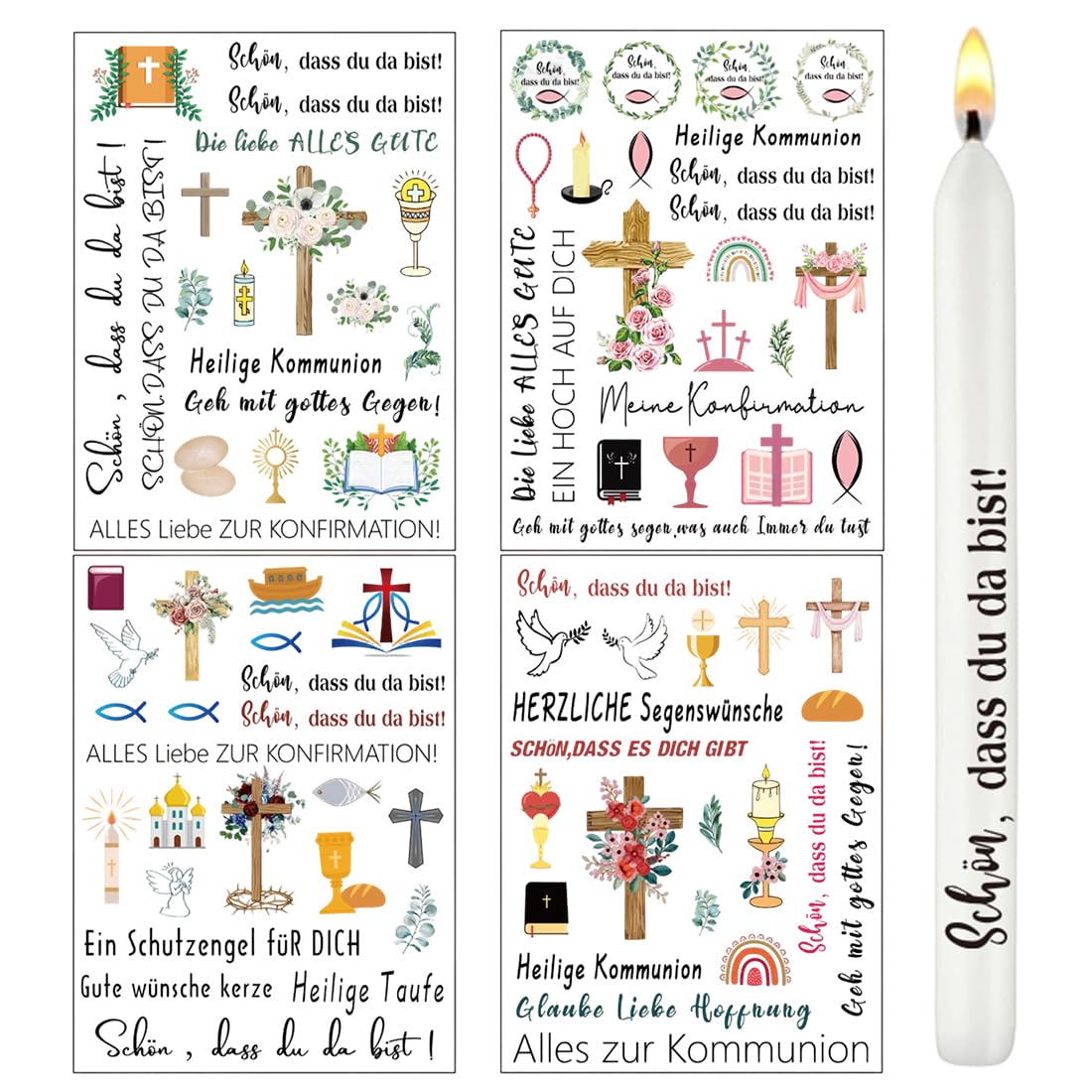 HAPZUR 4 Blätter Kerzen Tattoo Kommunion Deko, Kerzentattoos Kommunion Geschenk Fische Tattoofolie für Kerzen Aufkleber Wasserschiebefolie mit Spruch, für Erstkommunion Taufe Konfirmation Deko