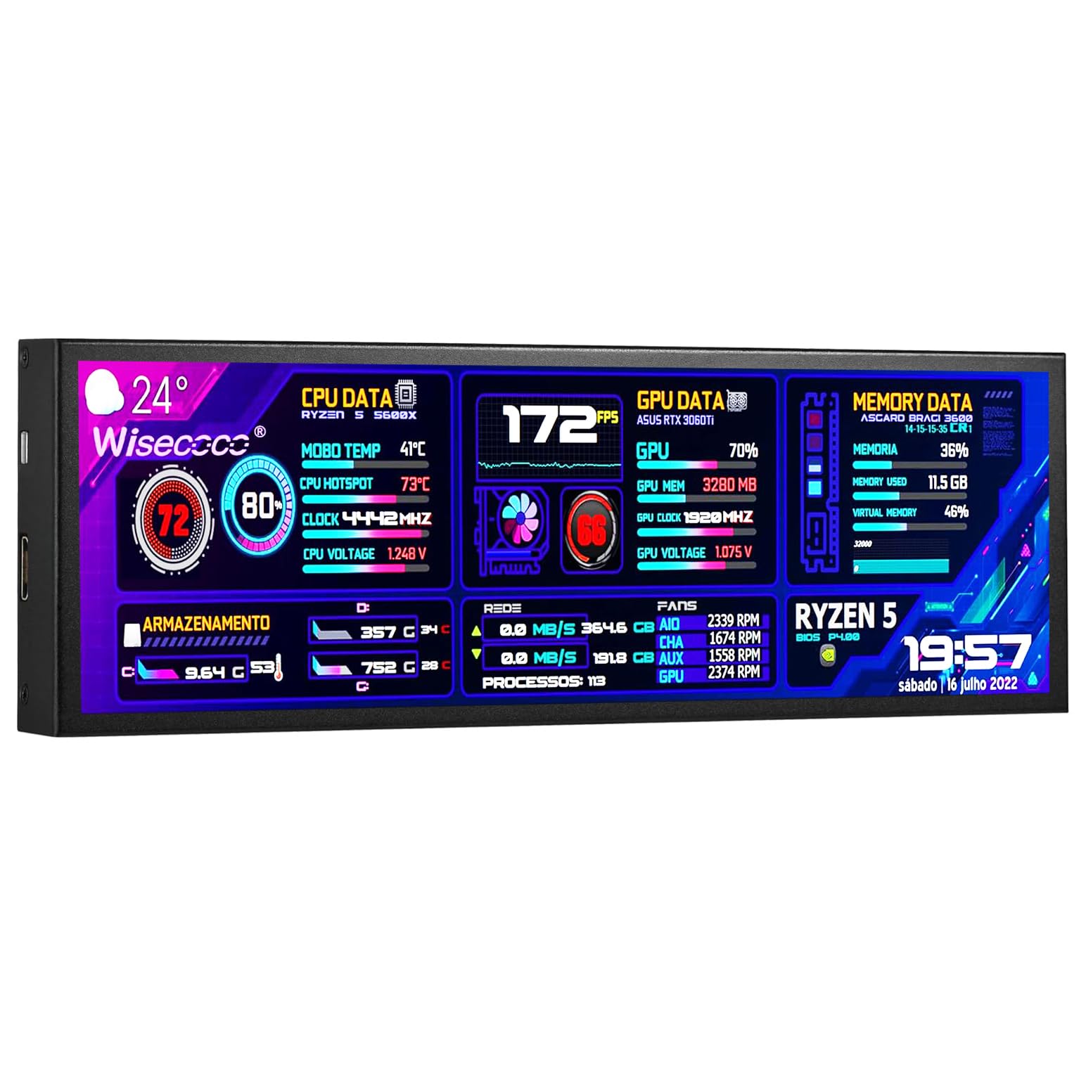 7.84 Inch Mini Monitor HD IPS 1280x400 Secondary Screen Stretched Bar LCD Display with Casing for Laptop Computer Speed Temperature Windows Aida64 CPU GPU Monitoring