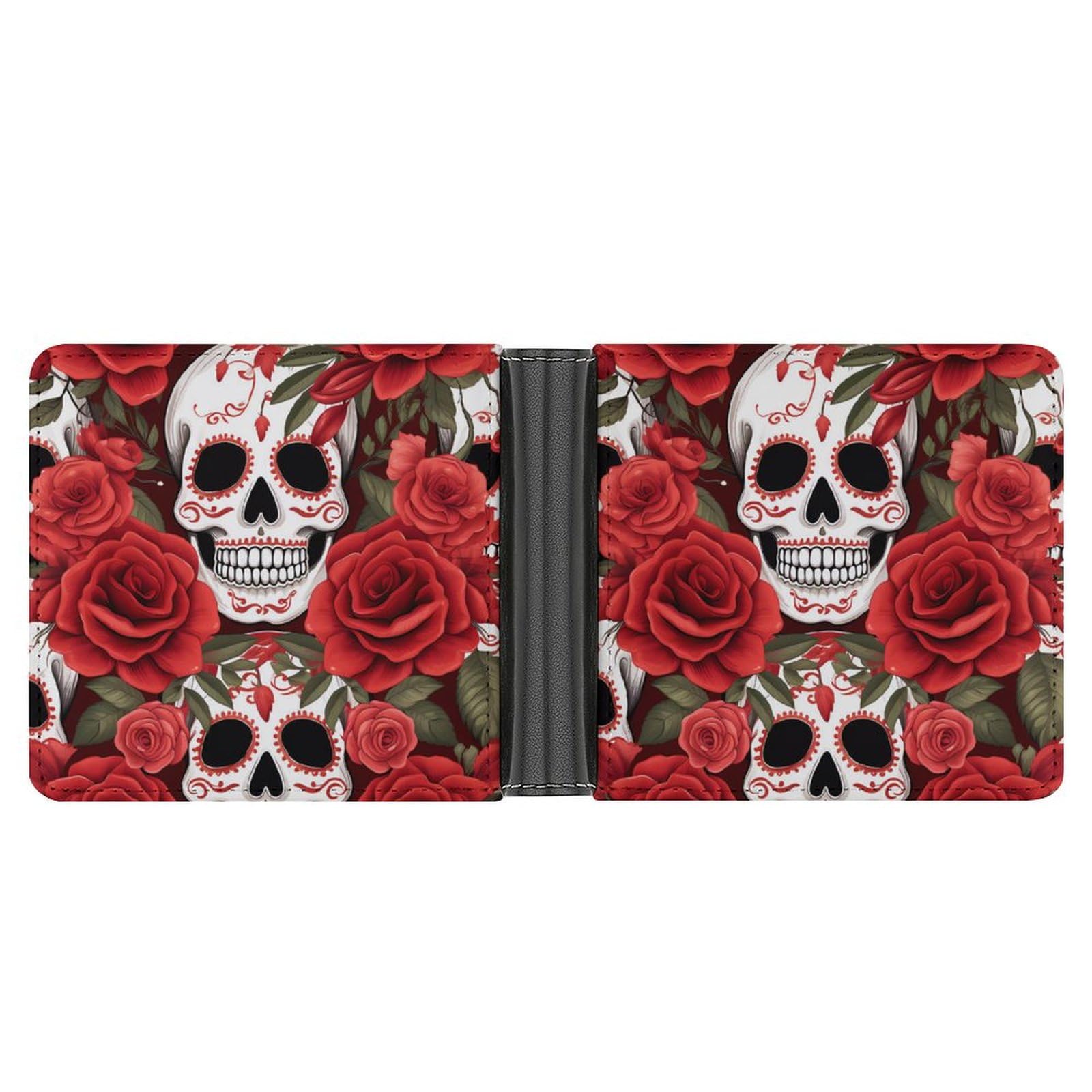 Sugar Skulls Red Roses Funny Men's Slim Bifold Wallet with Multiple Card Slots Front Pocket Purse