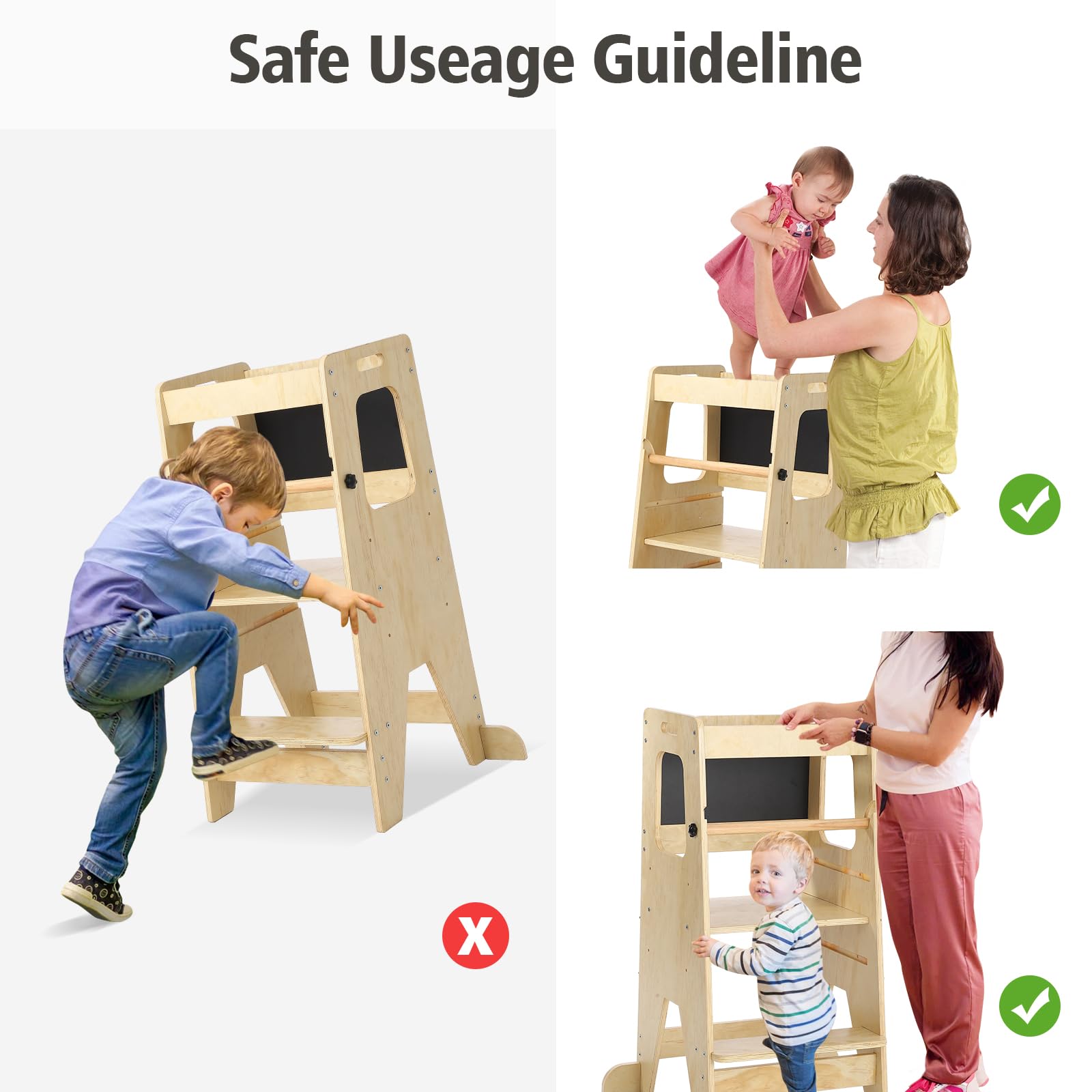 pädagogisch wertvoll Lernturm aus Holz für Kleinkinder | Verstellbarer Küchenhelfer/Tritthocker - rutschfest & kippsicher - mit Sicherheitsgeländer & Tafel - inkl. LCD-Zeichentafel