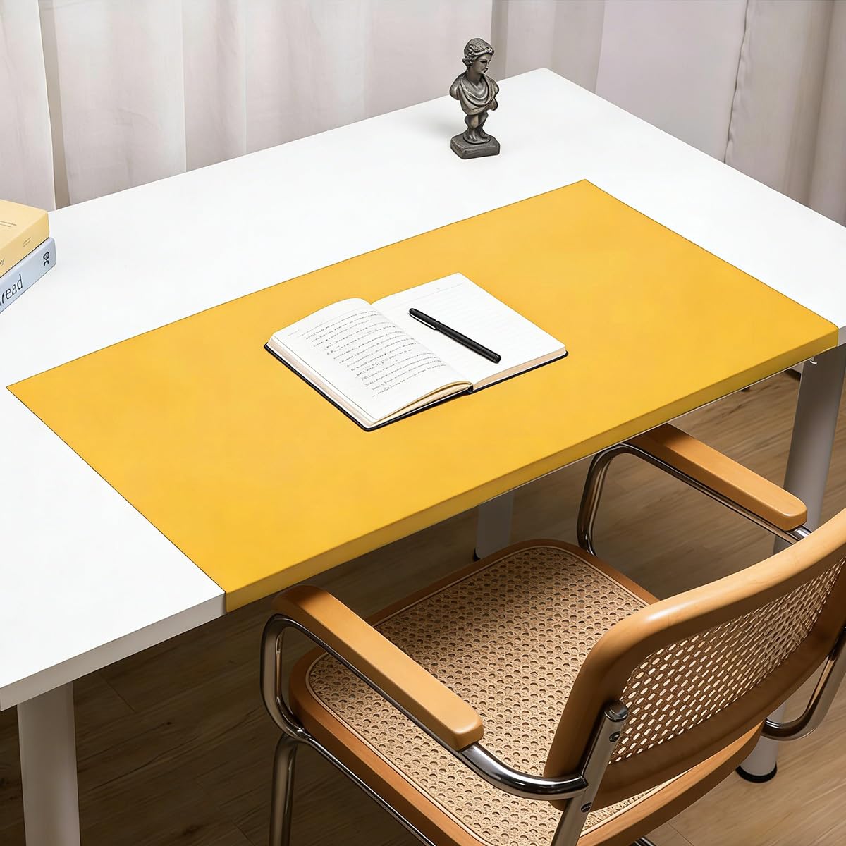 Large Desk Pad with Edge Protector, Leather Extended Keyboard Mouse Mat, Waterproof Desk Blotter Pad Table Protector for Office Work Writing Study (Yellow,140x60cm)
