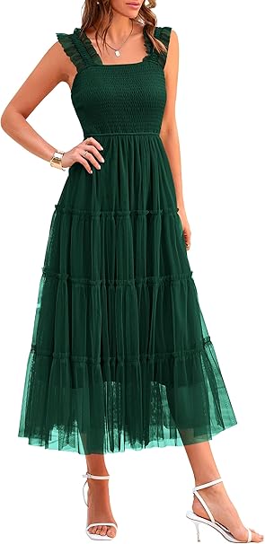 PRETTYGARDEN Women's Summer Tulle Midi Dress Sleeveless Smocked Ruffle Mesh Flowy Dresses Party Wedding Guest Sundress