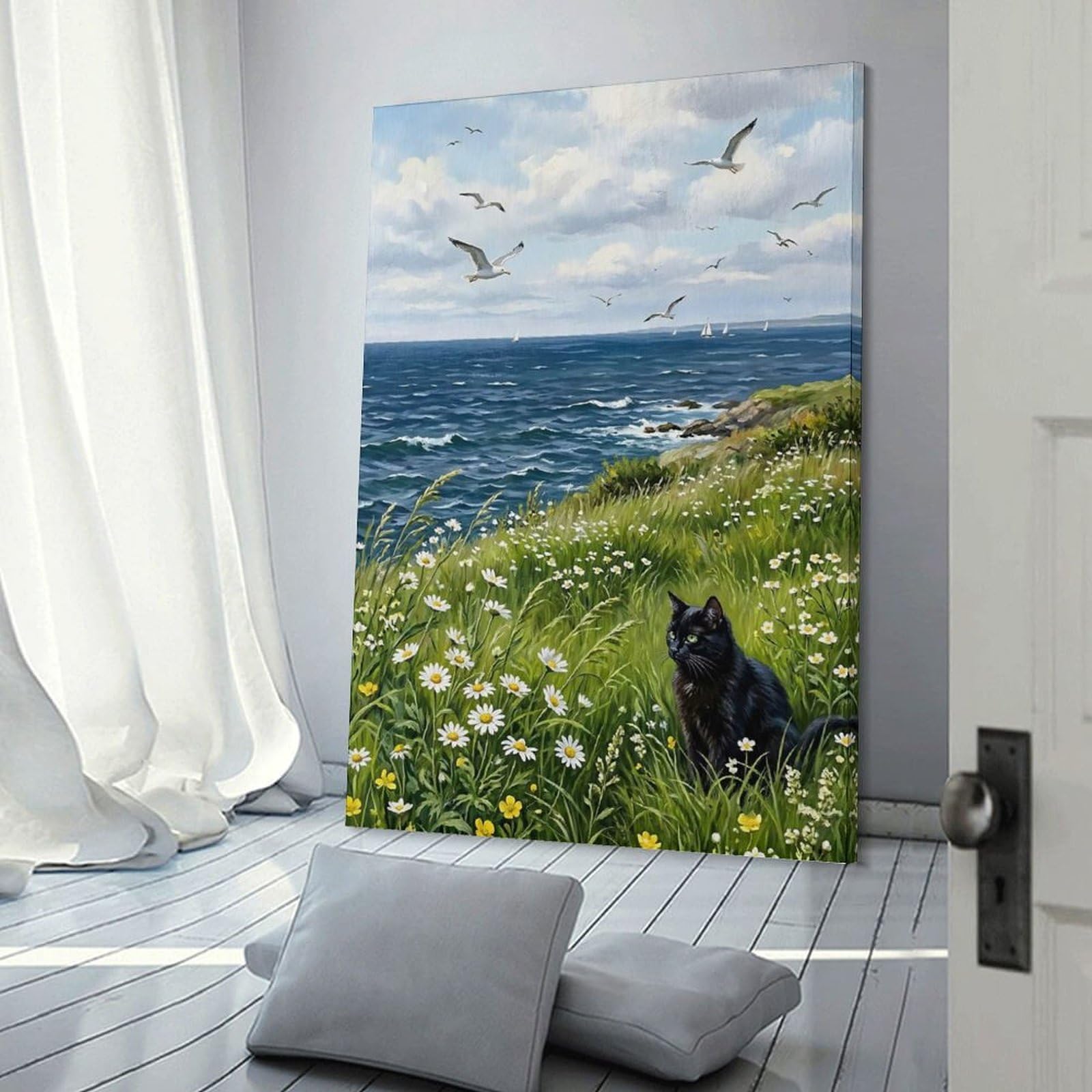 Junmoney Black Cat in A Field of Daisies by The Sea Wall Art Print 16x24inch(40x60cm), for Art Walls, Layered Displays Or Homes, Wall Decor Suited to Curated Displays