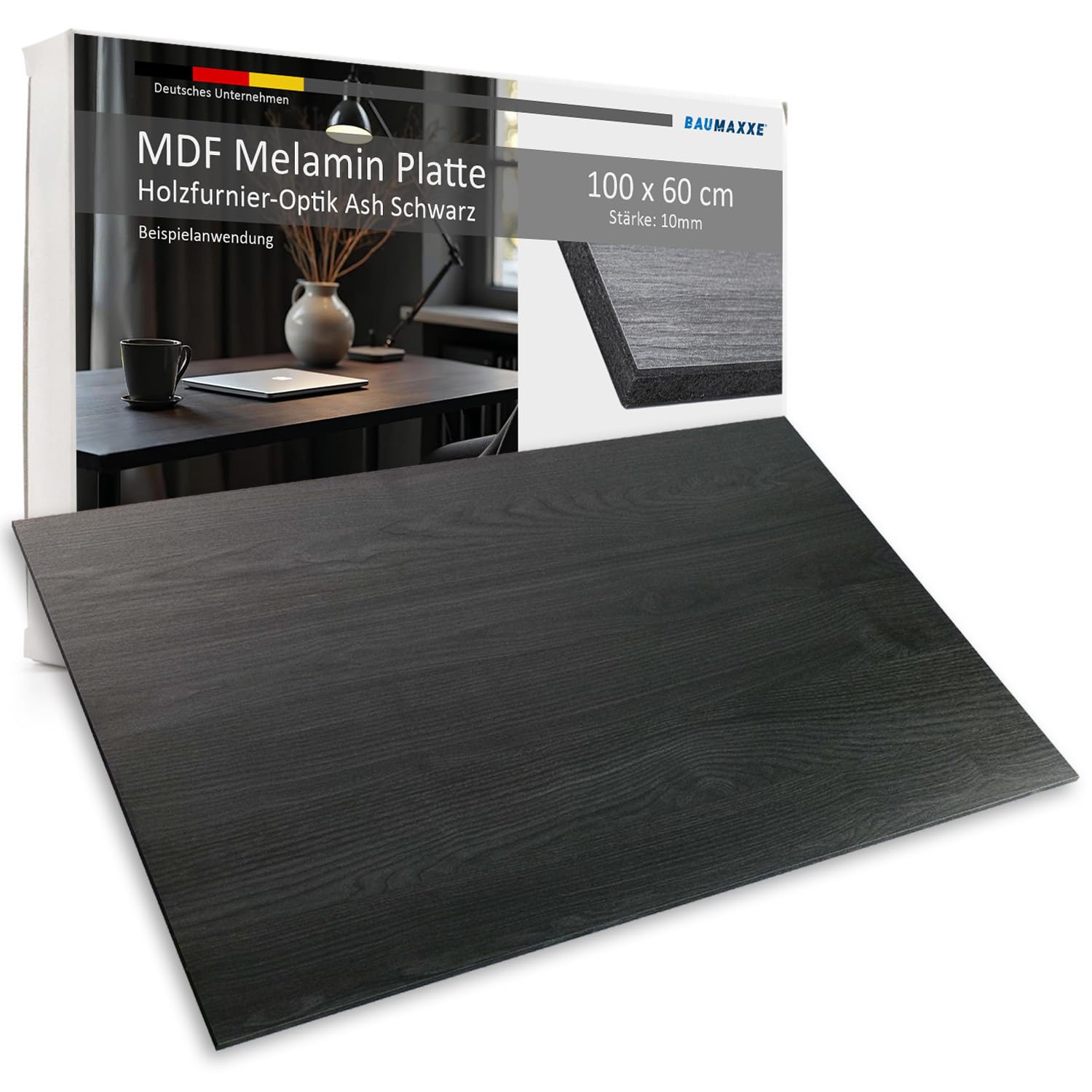 Tischplatte I 100 x 60 cm I rechteckig I Stärke: 10 mm I schwarz Ash I MDF Platte Melaminbeschichtung beidseitig I DIY-Projekte I bm336