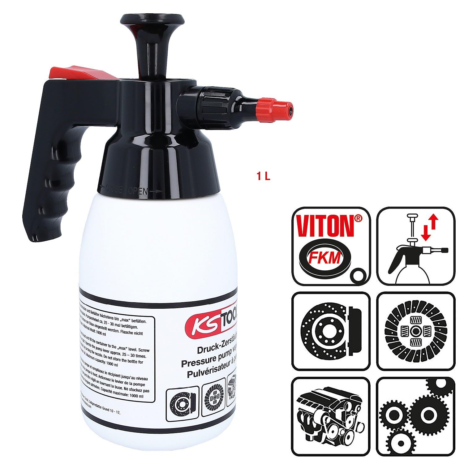 KS Tools 150.8258 Botella de pulverización con bomba para productos limpiadores de frenos, 1 l