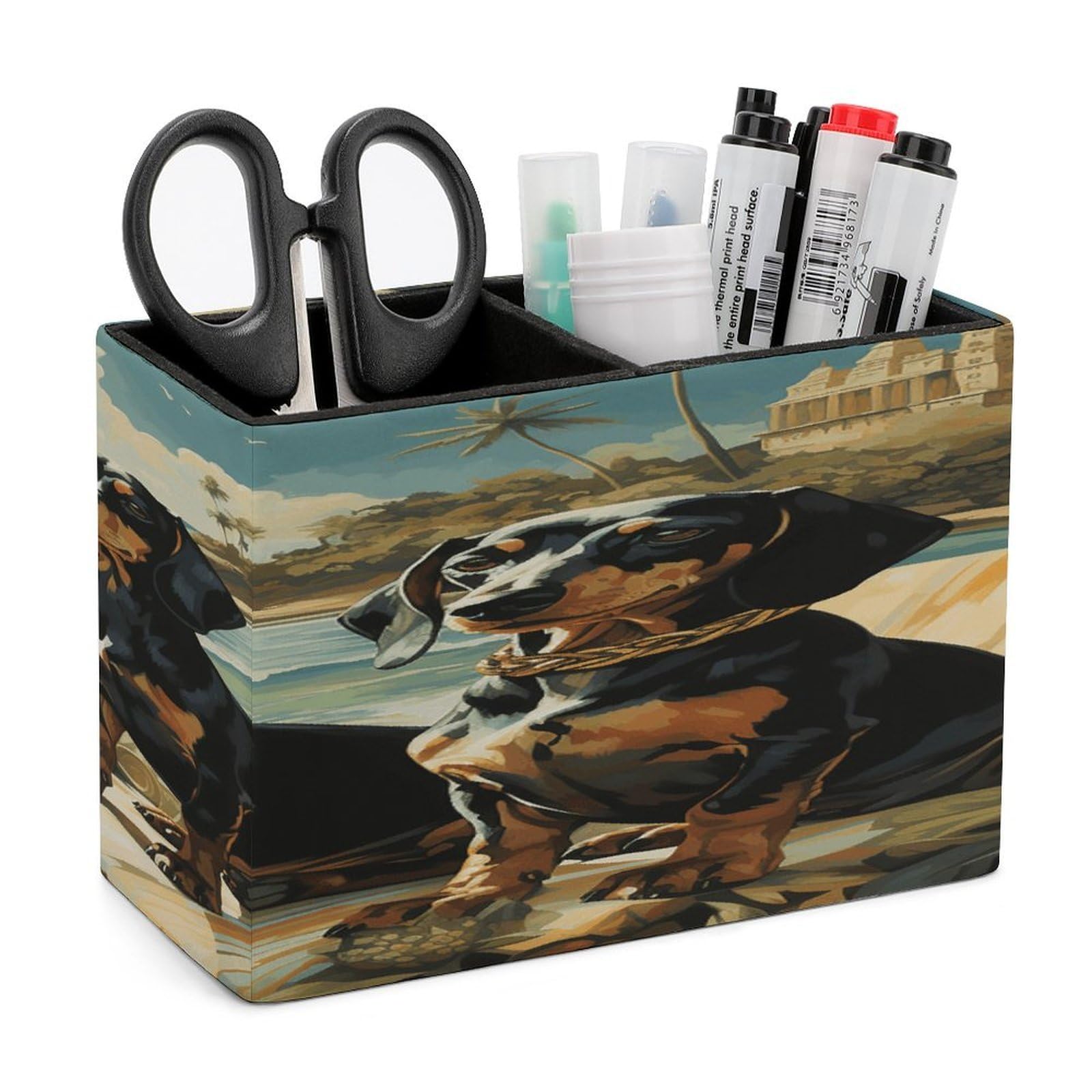 VstaDank Dachshund Dog Bento Pen Holder Double Compartments Pen Cup Fashion Makeup Brush Holders Leather Pencil Holder for Work Locker Accessories Modern Pencil Cup for Desk Organizer