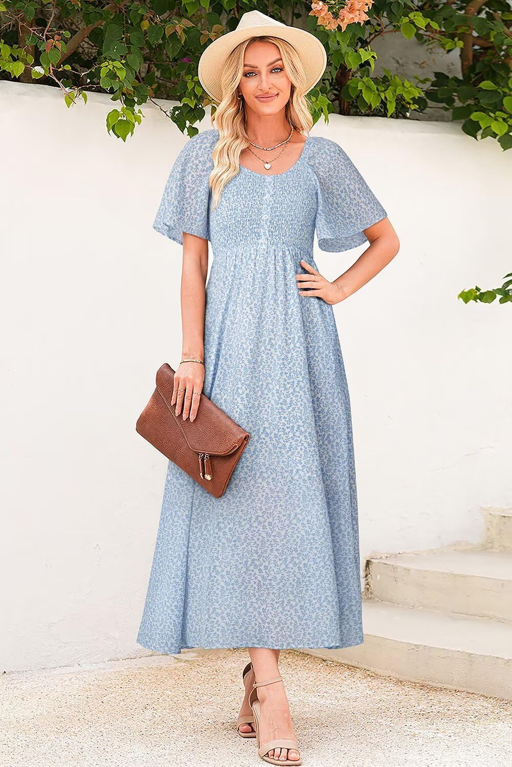 Dokotoo Womens Dresses 2025 Square Neck Tie Backless Summer Dresses Cap Sleeve Floral Buttoned Empire Waist Maxi Dress - Image 2