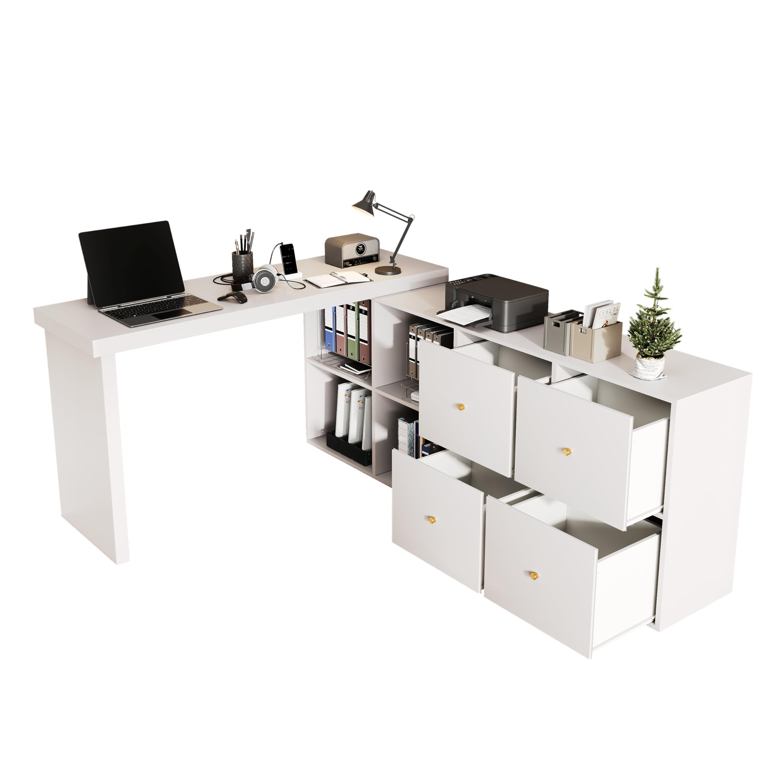 Kebnor Mesa esquinera, tablero orientable 360°, en forma de L o de pie recto, tablero de fibra de densidad media, tablero y patas reforzadas de 4 cm, con 4 compartimentos, cajones, escritorio