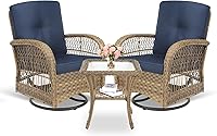Vista 19 de MEETWARM Juego de 3 piezas de mimbre giratorio para patio al aire libre, mecedoras, juegos de muebles de patio de ratán con cojín grueso y mesa