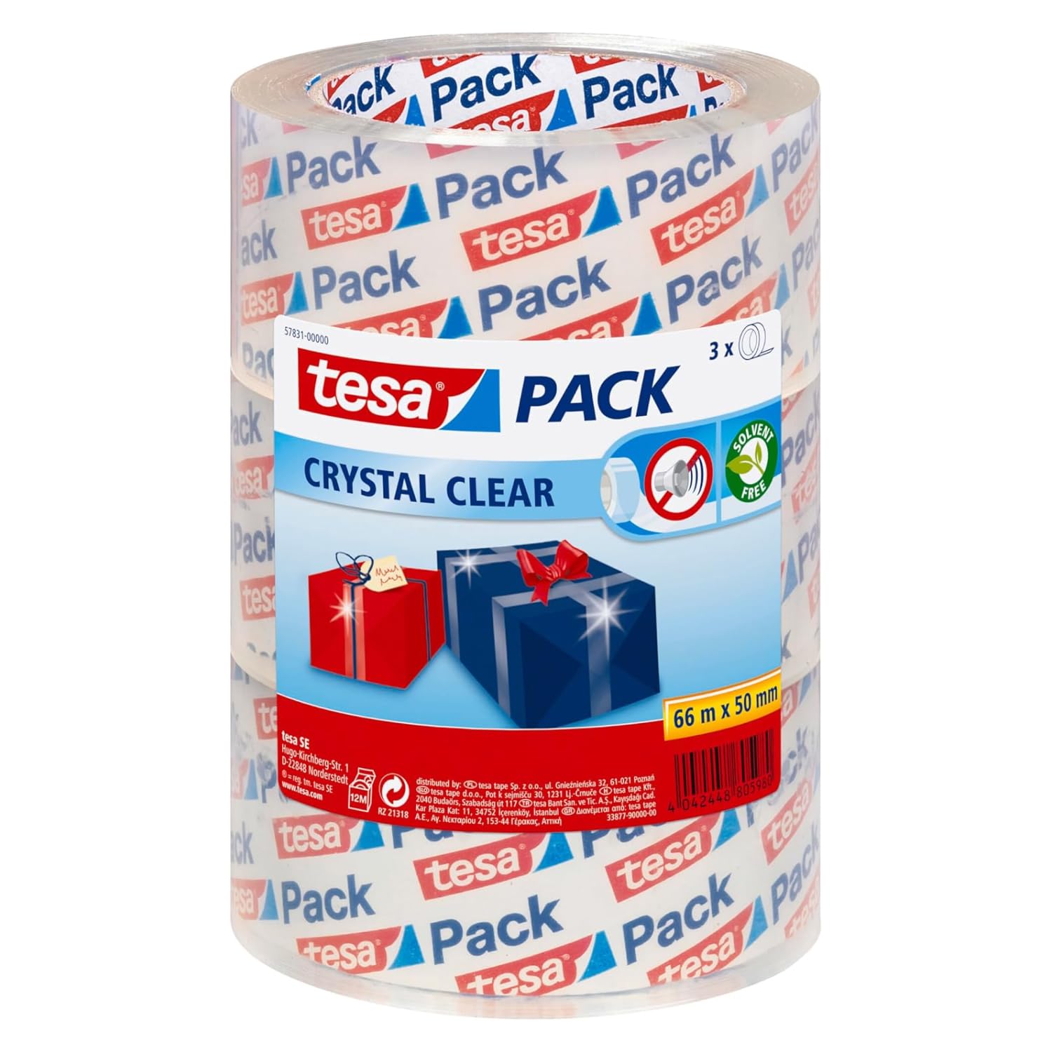 'tesa Crystal Clear Crystal Clear – 3 Rolls Packing Tape 66 m x 50 mm