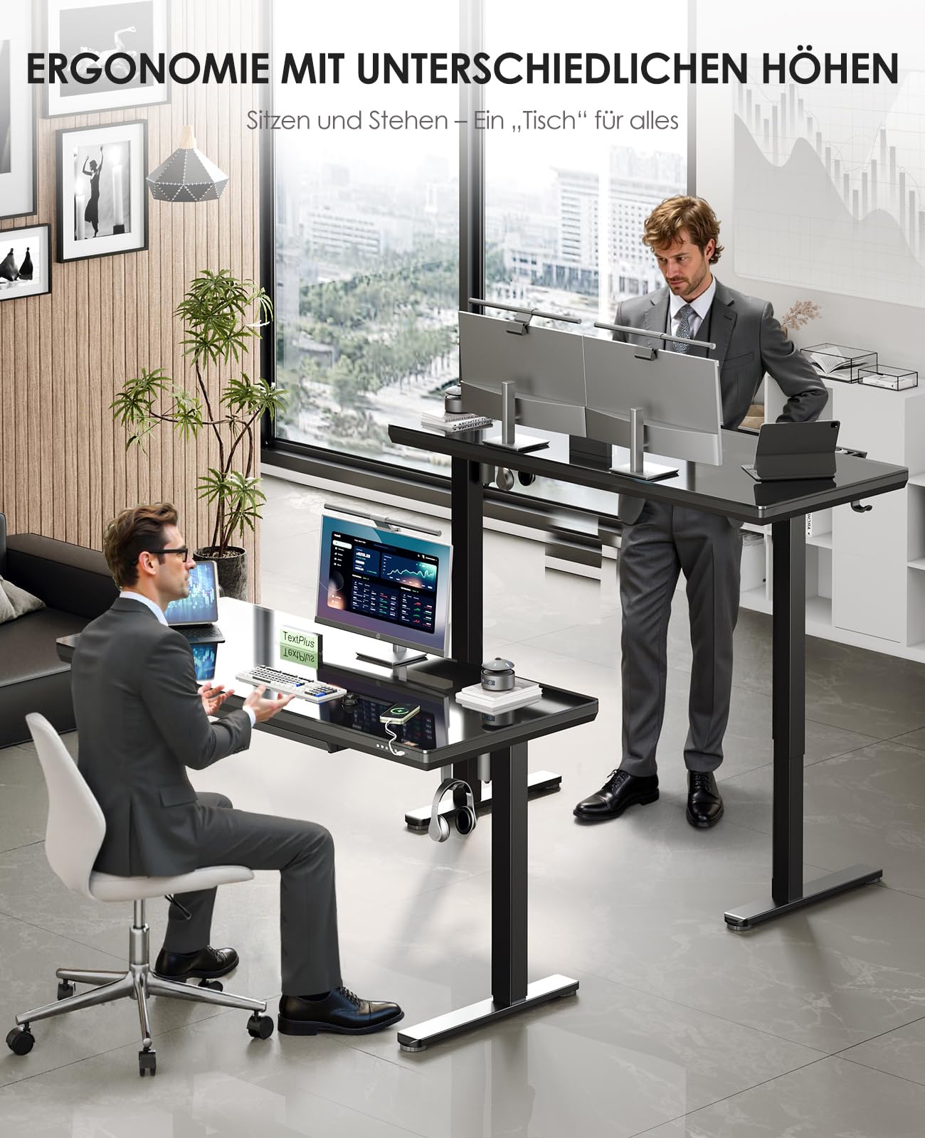 OffiGo Szklane Biurko Regulowane Z Szufladami, 140 x 60cm, Czarny | Elektryczne Biurko Regulowane Wysokością, z USB i Type-C, Szufladami do Biura i Domu