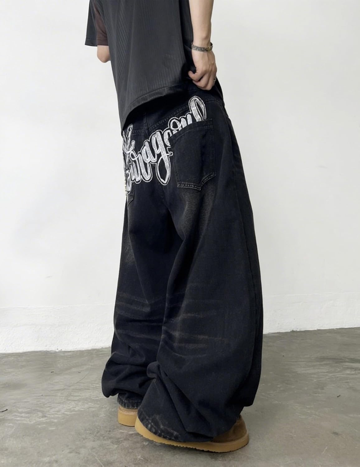 Men's Super Baggy Jeans Wide Leg Denim Pants with Embroidered Pattern Y2k Streetwear