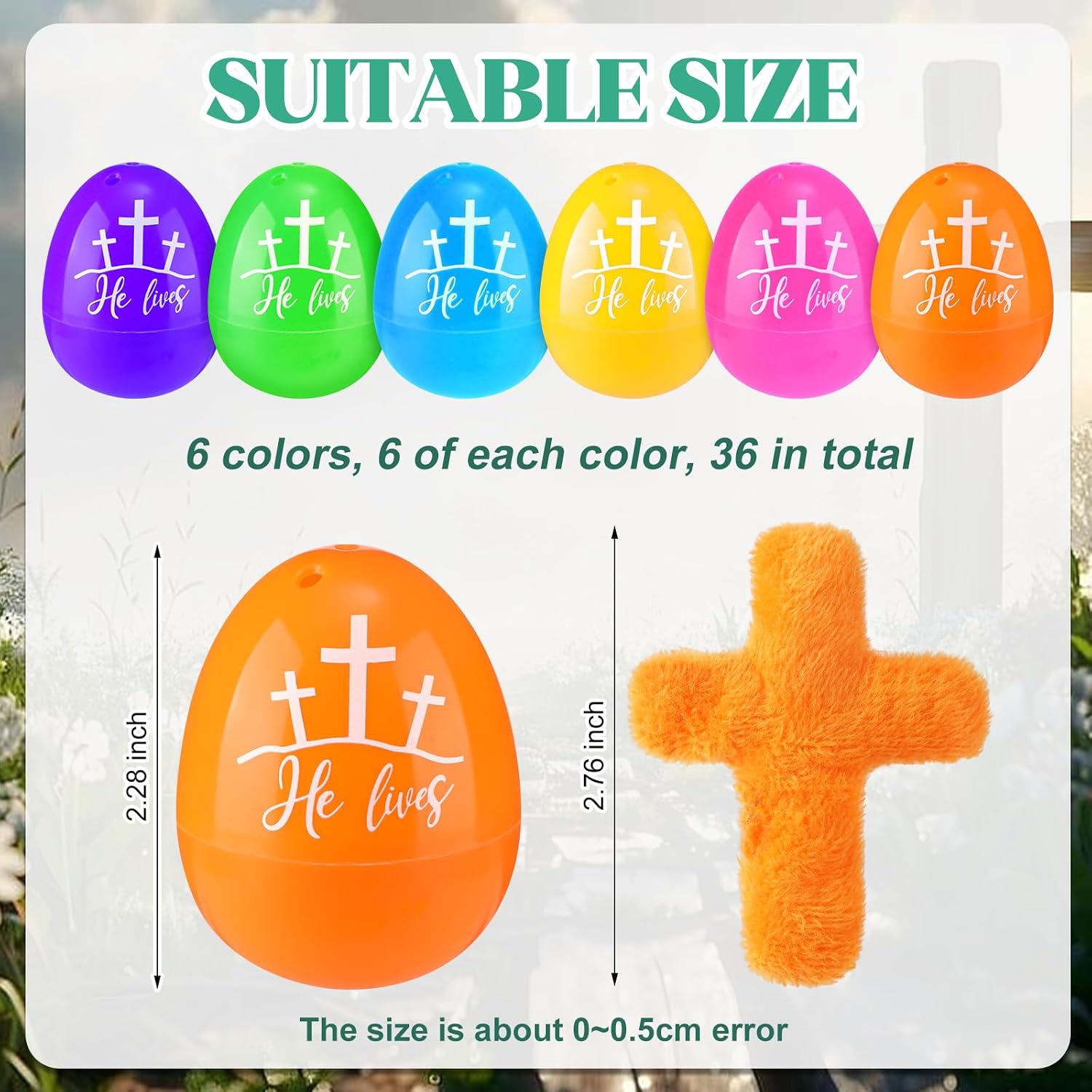Wettarn 36 Sets Religious Filled Easter Eggs with Plush Cross Religious Easter Basket Stuffers Christian Plastic Eggs Party Favors for Egg Hunt Supplies