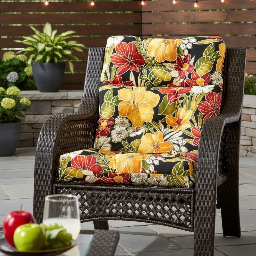 Outdoor Tufted High-Back Chair Cushions, One-Piece Hinged Seat and Back Design, Reversible with 4 Ties, Durable Polyester Fabric, Recycled Fiber Fill - Single, Aloha Black Floral