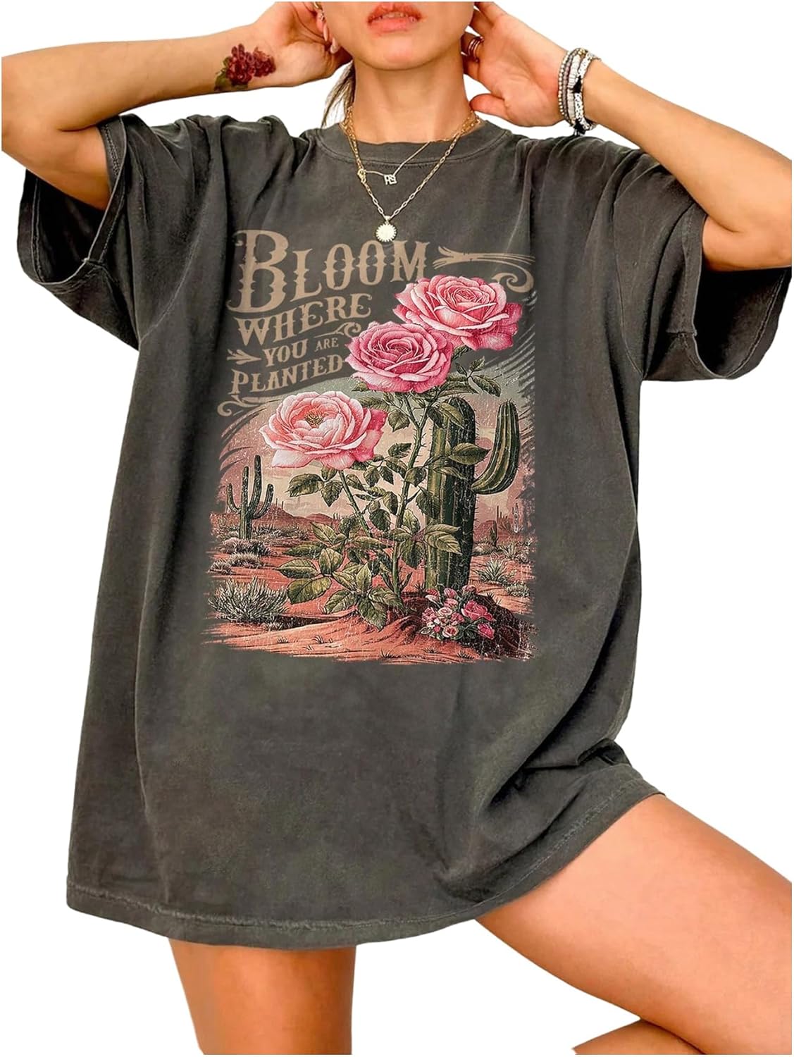 SOLY HUX Women's Graphic Tees Vintage Floral Letter Print Summer Tops Crew Neck Short Sleeve Oversized T Shirt