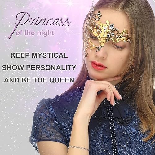 Miniatura 5 de Máscara de mascarada para mujer, con diamantes de imitación brillantes, veneciana, fiesta, baile de graduación, máscara de metal (media cara dorada)