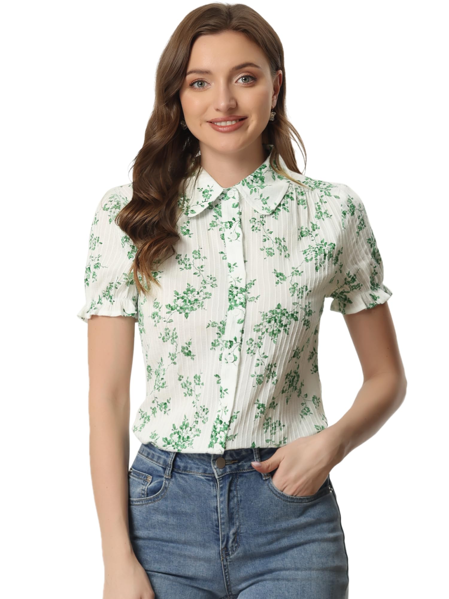 Allegra K Women's Short Sleeve Button-Up Peter Pan Collar Blouse