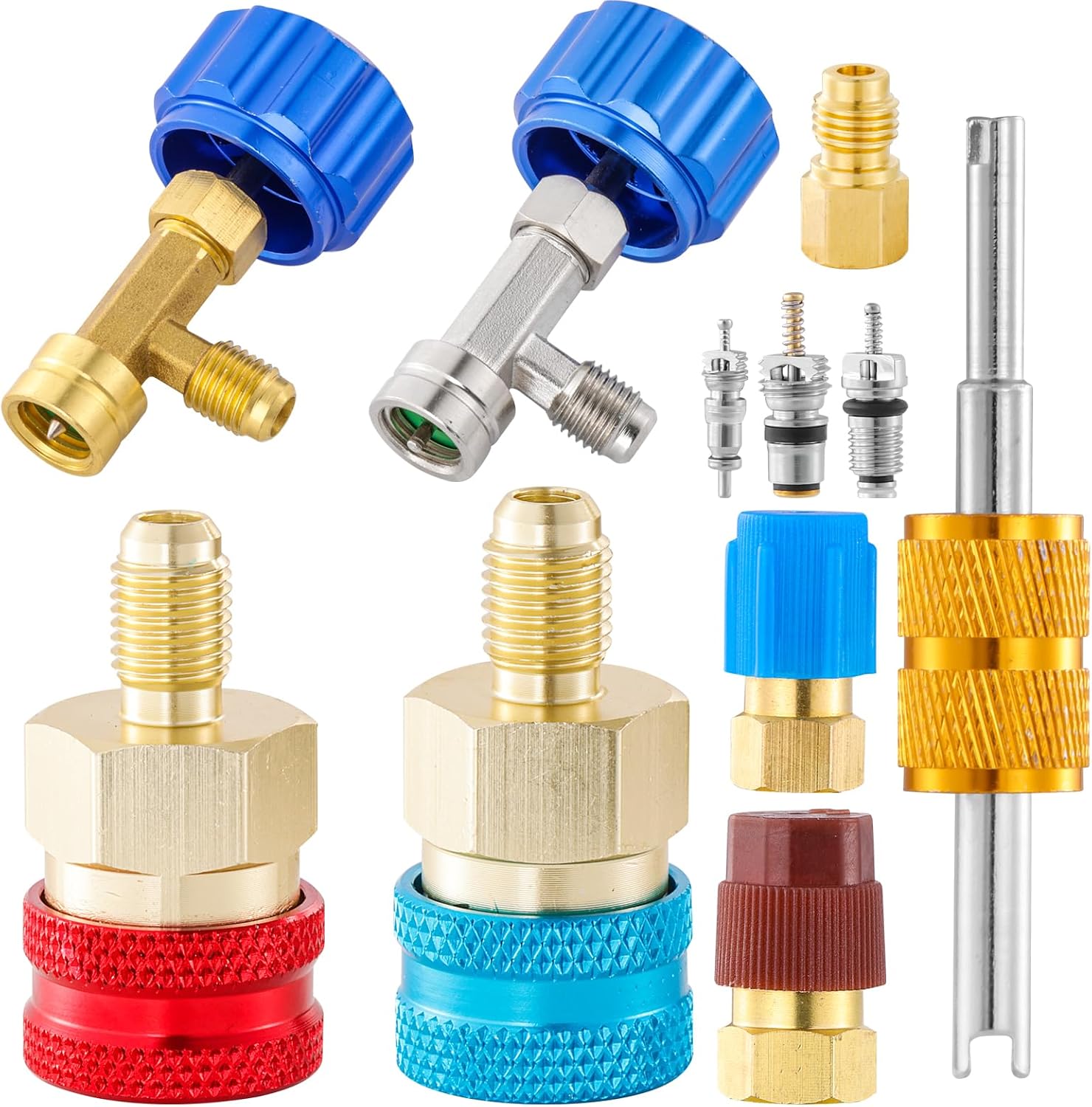 R1234yf Quick Couplers Kit, R1234yf to R134a Quick Coupler Adapter Kit with R134A Conversion Adapter R1234YF Can Tap Valve Self Sealing Puncture Style(R1234YF Adapter + 2PC Can Opener)