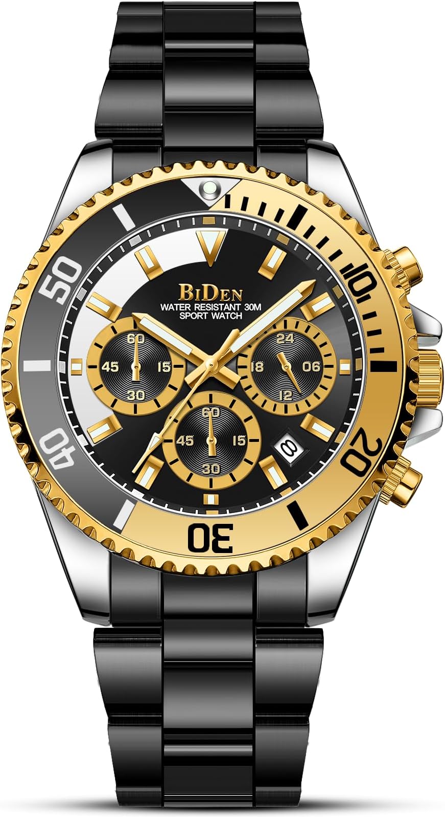 Biden Mens Watches Chronograph Stainless Steel Waterproof Date Analog Quartz Watch Business Casual Fashion Wrist Watches for Men, Black Silver Yellow, Quartz Watch,Chronograph