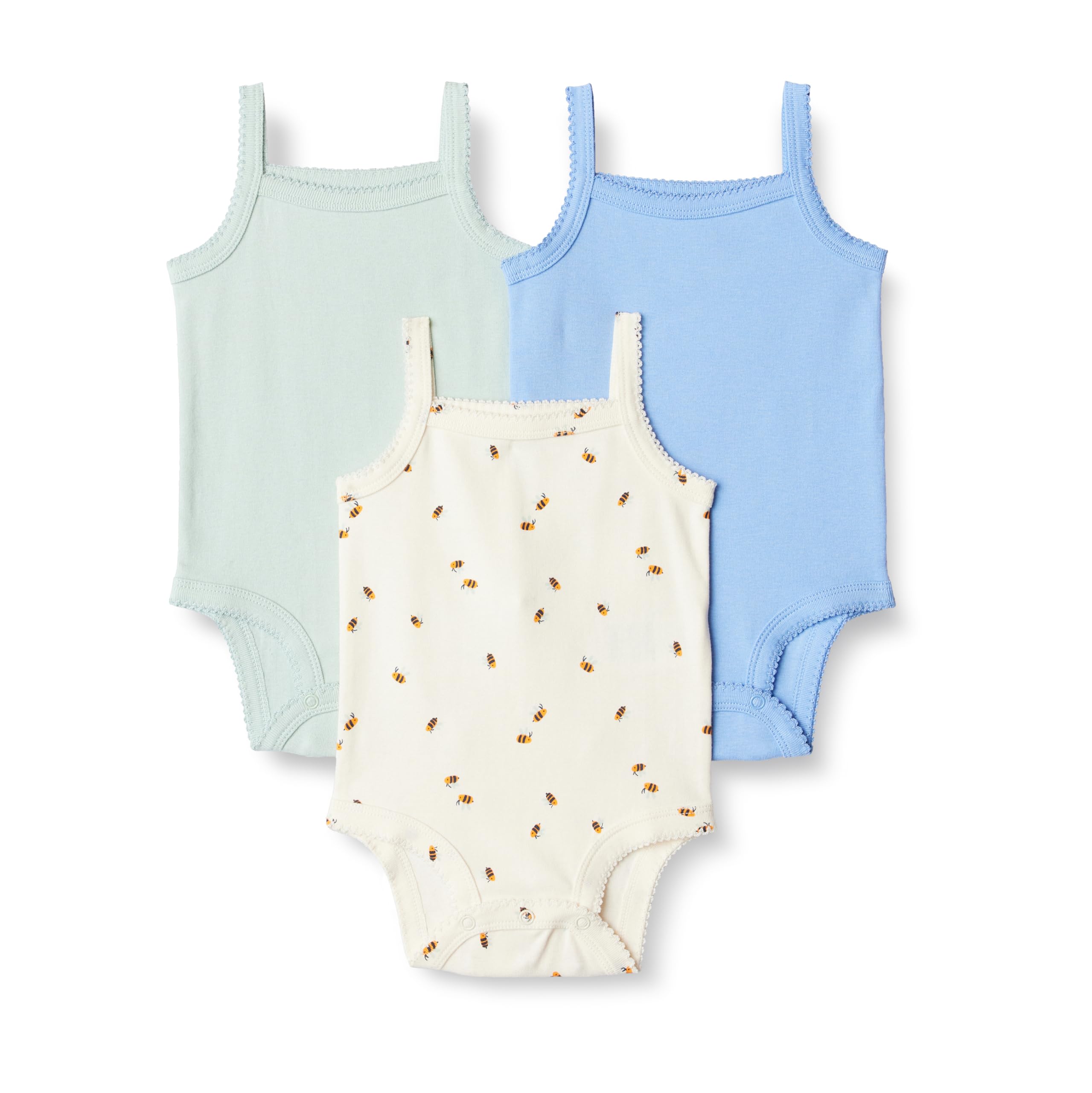Amazon Essentials Baby Girls' Cotton Sleeveless Bodysuits, Baby Clothes, Pack of 3, Cornflower Blue/Pale Mint Green/Bees, Preemie