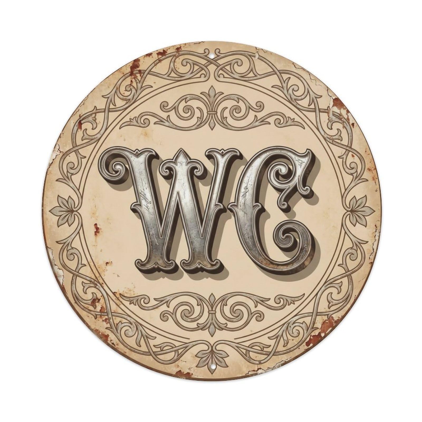 Fqcyn Style Toilet （Wc） Rustic Aged Restroom Emblem Metal Tin Sign Plaque Wall Decor For Cafe, Club Bar, Office, Home Garden Round Metal Poster 8X8inch