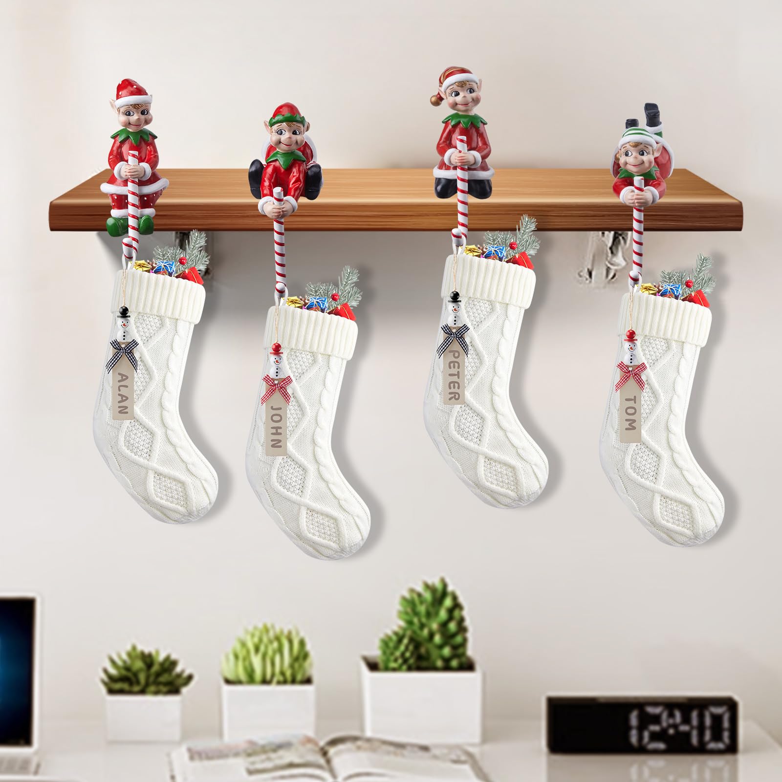 Christmas 3D Elves Stocking Holders for Mantle, Set of 4 HandPainted