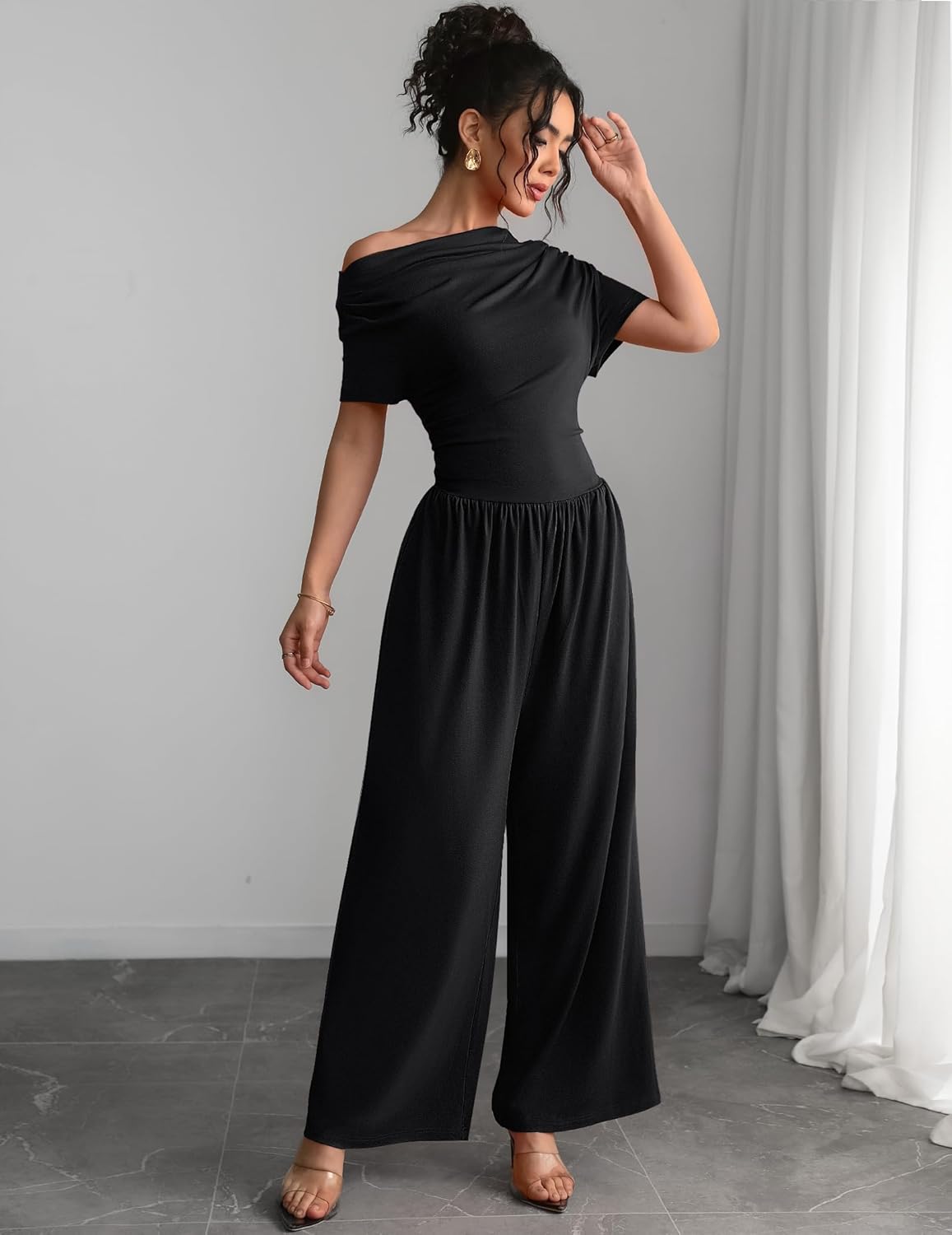 Women's Jumpsuits Dressy Casual Off Shoulder Jumpsuit Boat Neck Wide Leg Long Pant Romper One Piece Outfits - Image 4