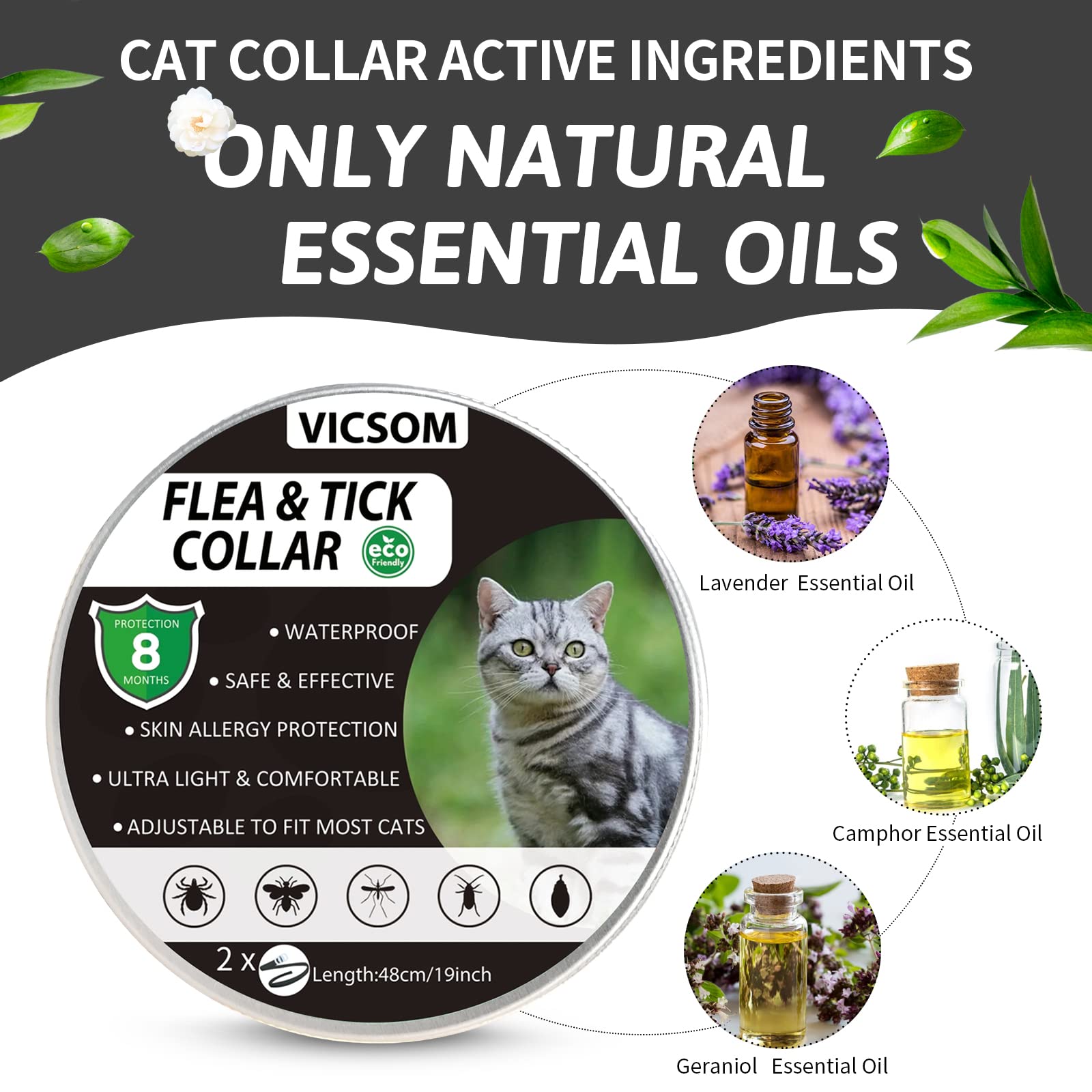 Collare Antiparassitario Per Gatti, Collare Antipulci Gatto, Collari Antiparassitari Per Gatti, 8 Mesi Di Protezione Naturale Collare Gatto Antiparassitario Regolabile Impermeabile 18.8In Blu Navy 4Pc